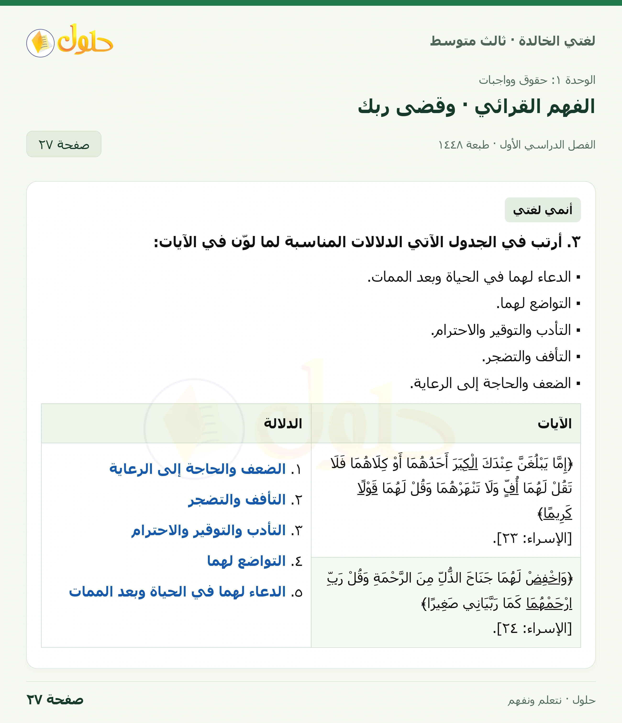 حل لغتي الخالدة للصف الثالث المتوسط صفحة 27 الجزء 1