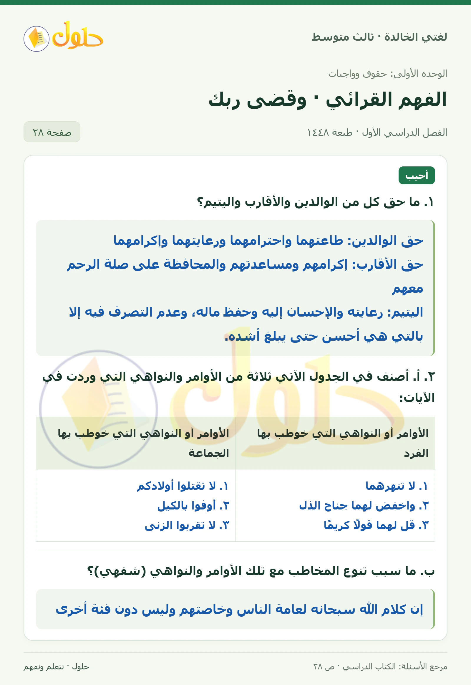 حل لغتي الخالدة للصف الثالث المتوسط صفحة 28 الجزء 1