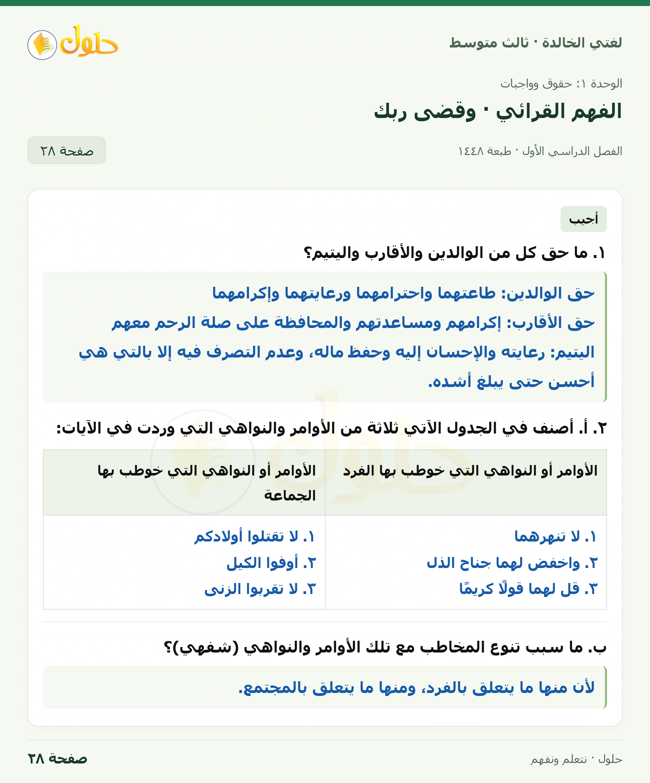 حل لغتي الخالدة للصف الثالث المتوسط صفحة 28 الجزء 1