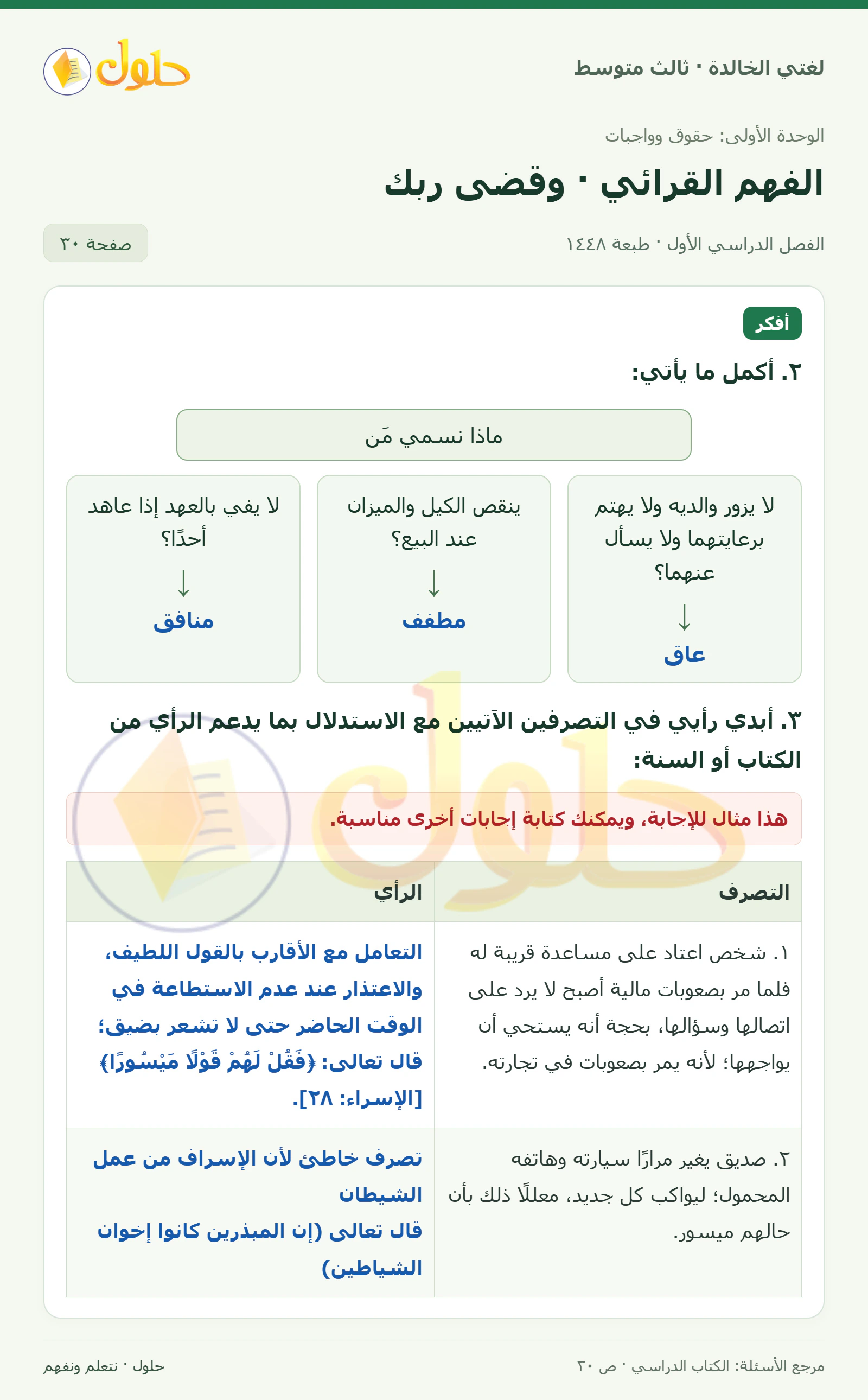 حل لغتي الخالدة للصف الثالث المتوسط صفحة 30 الجزء 1