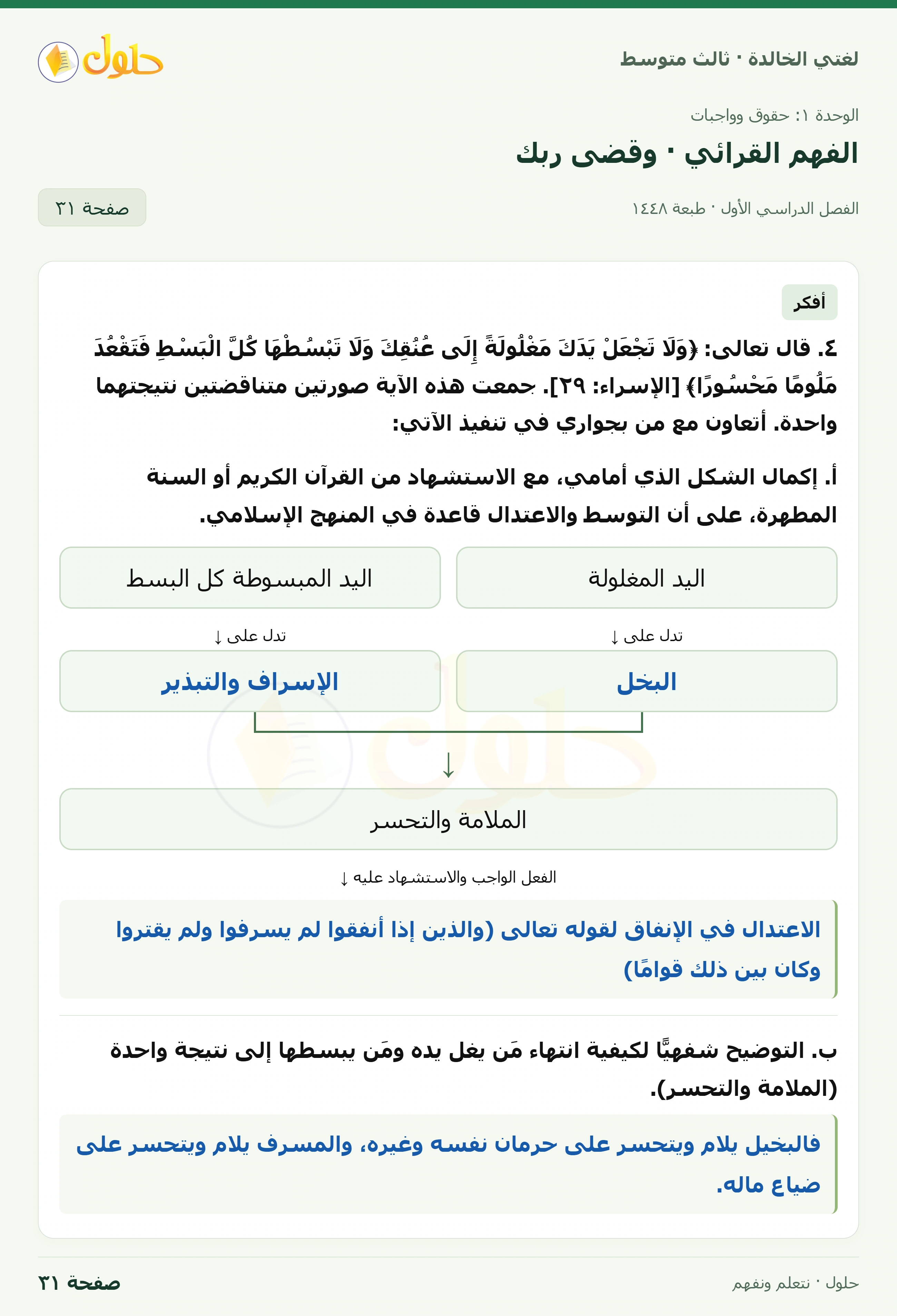 حل لغتي الخالدة للصف الثالث المتوسط صفحة 31 الجزء 1