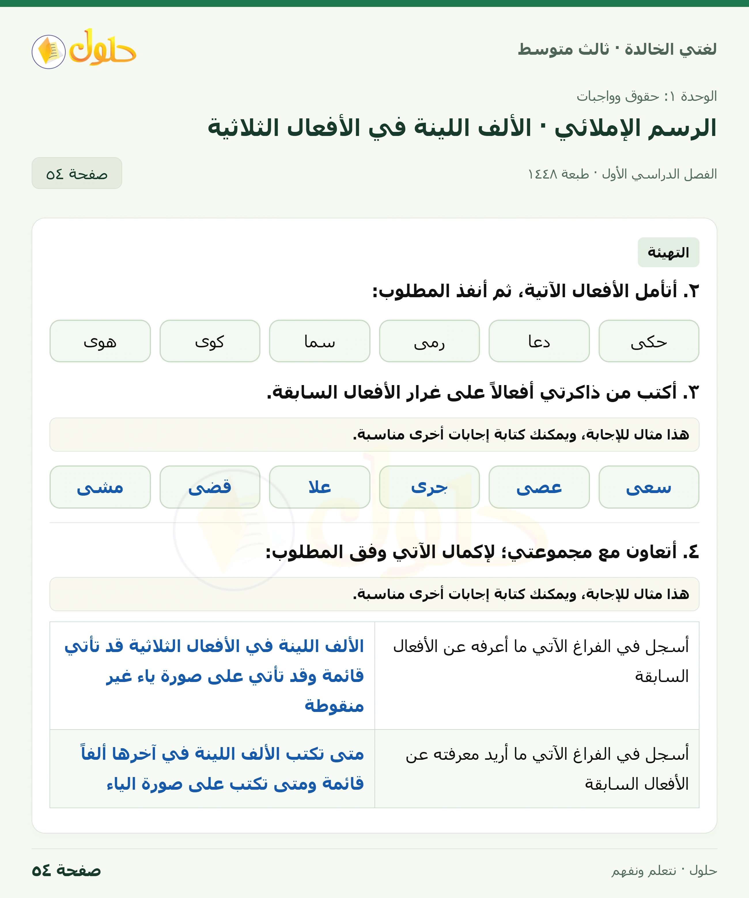 حل لغتي الخالدة للصف الثالث المتوسط صفحة 54 الجزء 1