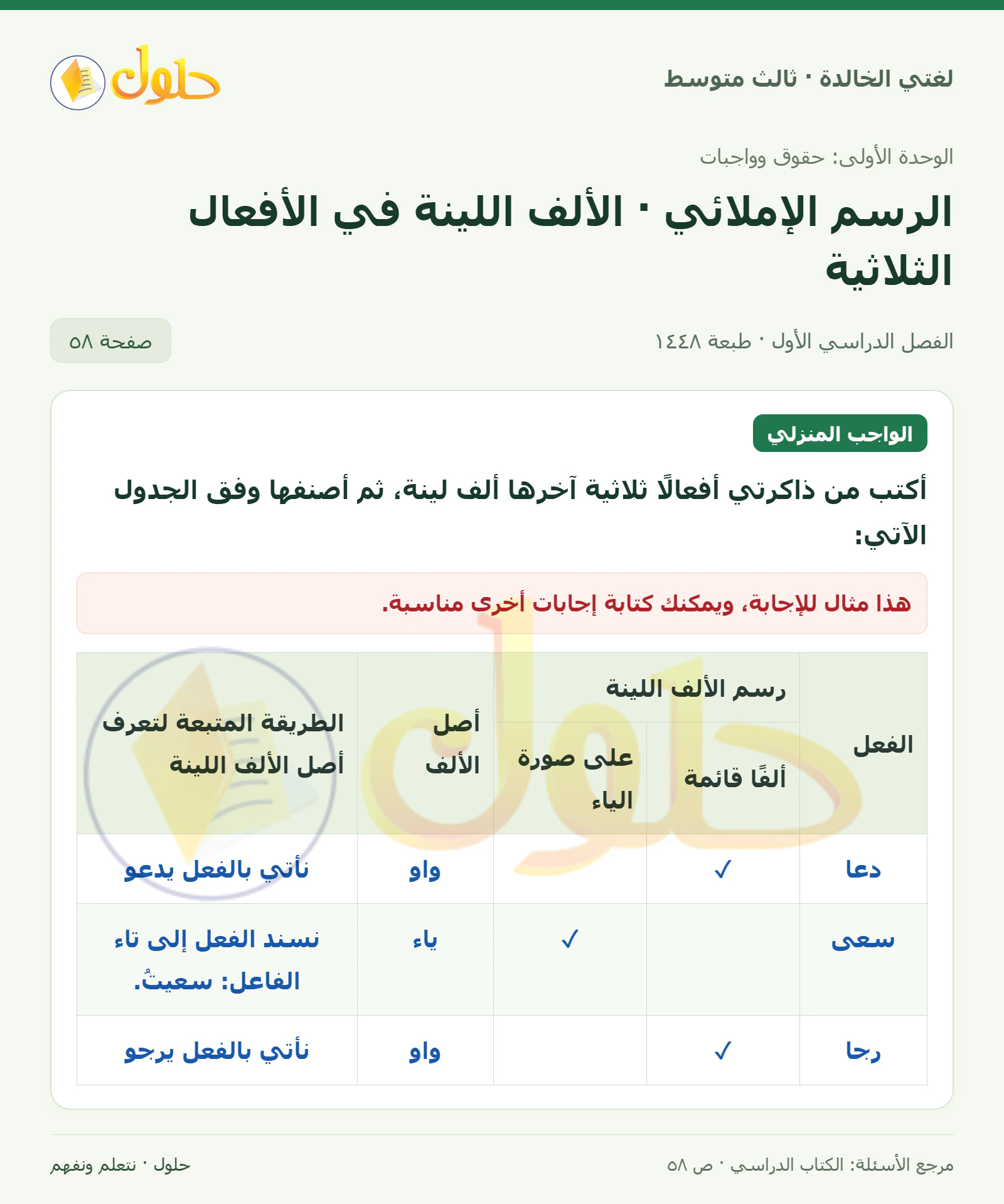 حل لغتي الخالدة للصف الثالث المتوسط صفحة 58 الجزء 1
