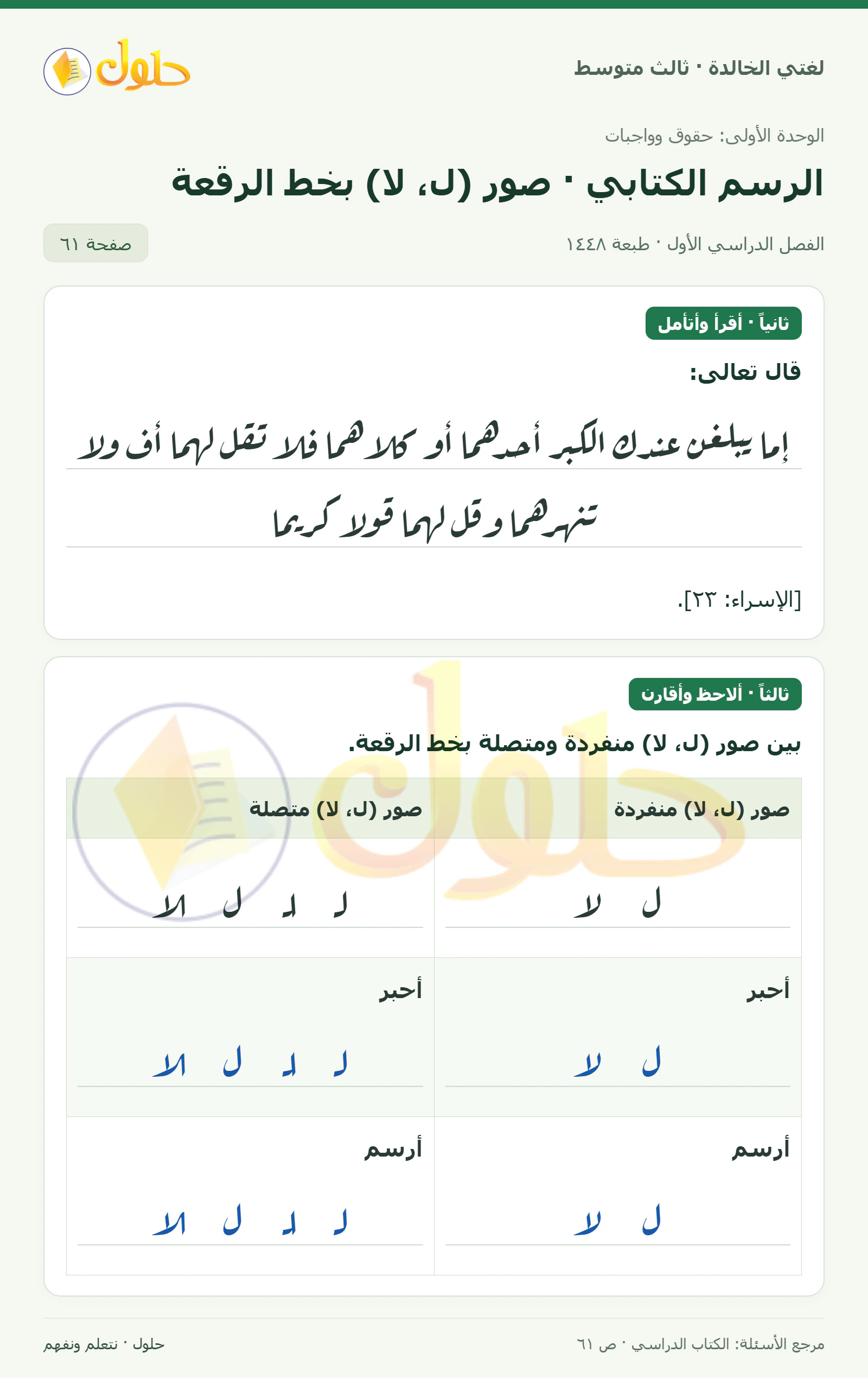 حل لغتي الخالدة للصف الثالث المتوسط صفحة 61 الجزء 1