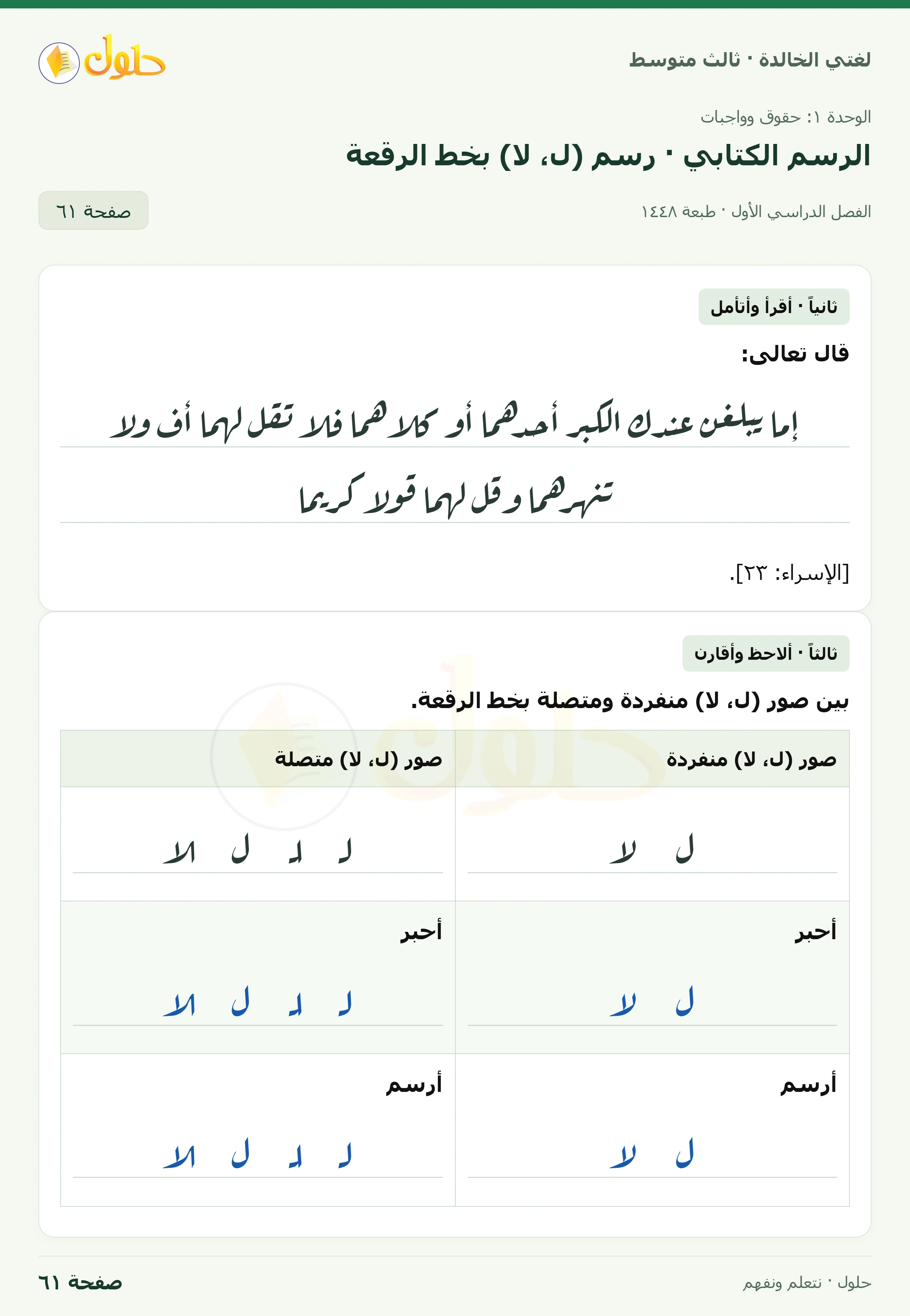 حل لغتي الخالدة للصف الثالث المتوسط صفحة 61 الجزء 1