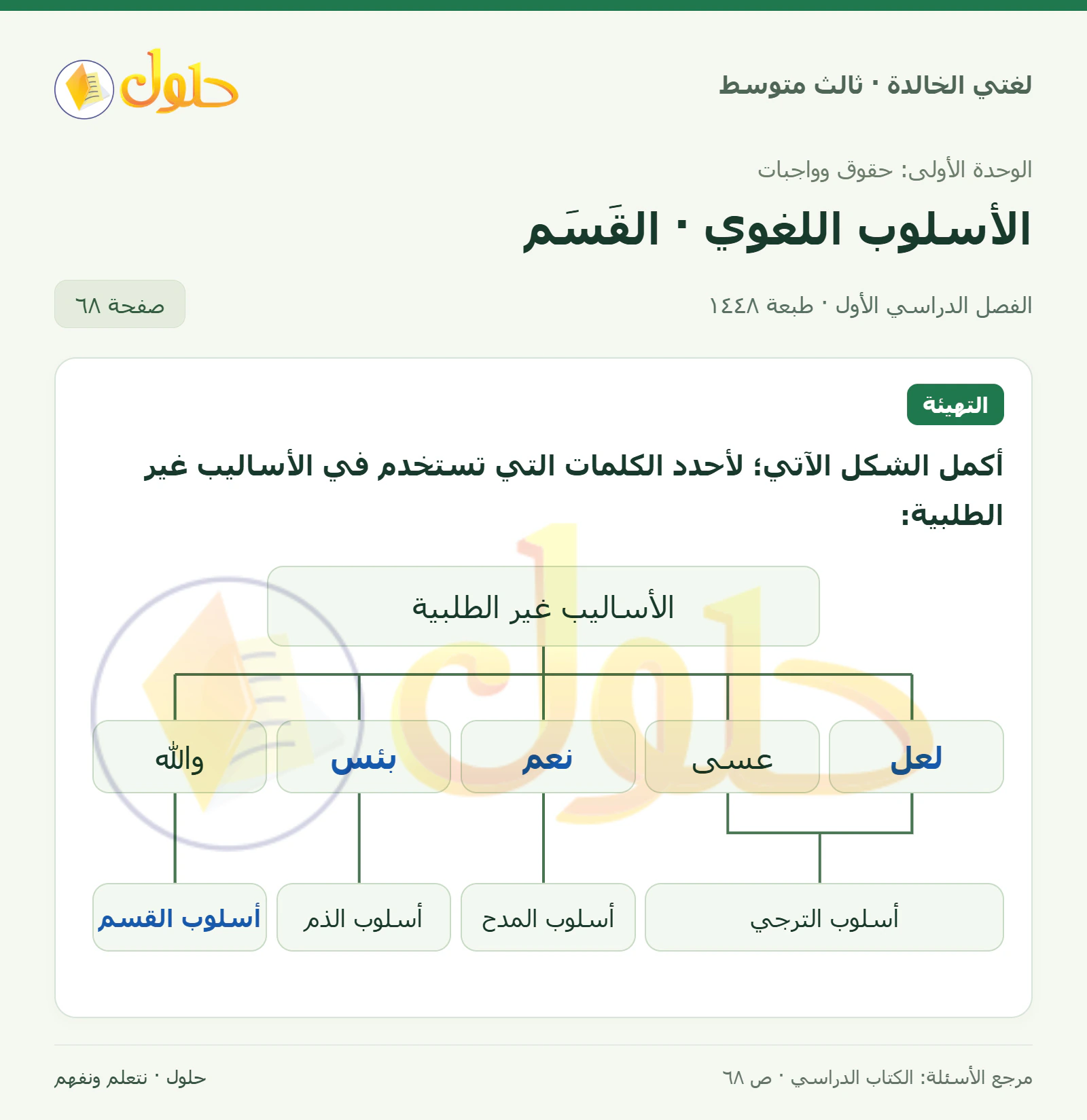 حل لغتي الخالدة للصف الثالث المتوسط صفحة 68 الجزء 1