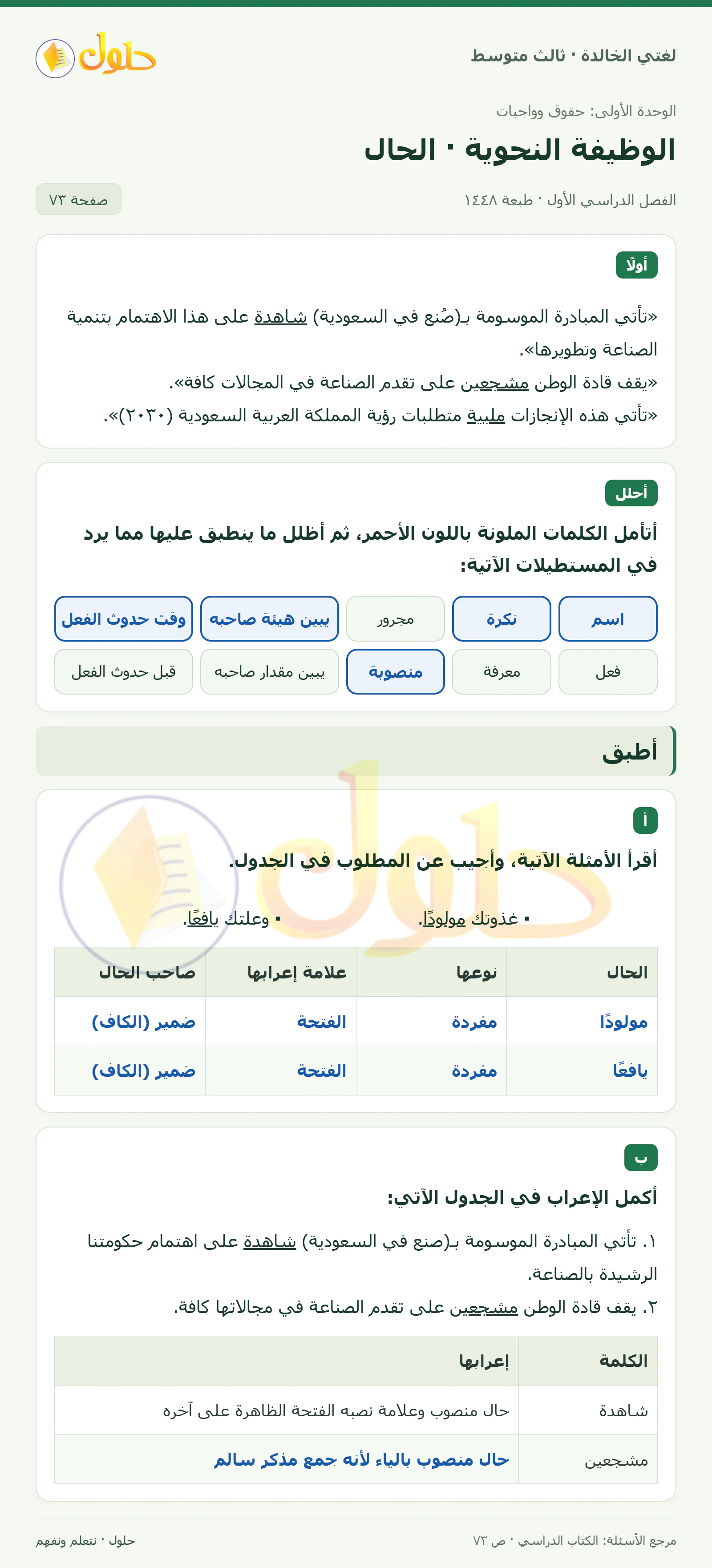 حل لغتي الخالدة للصف الثالث المتوسط صفحة 73 الجزء 1