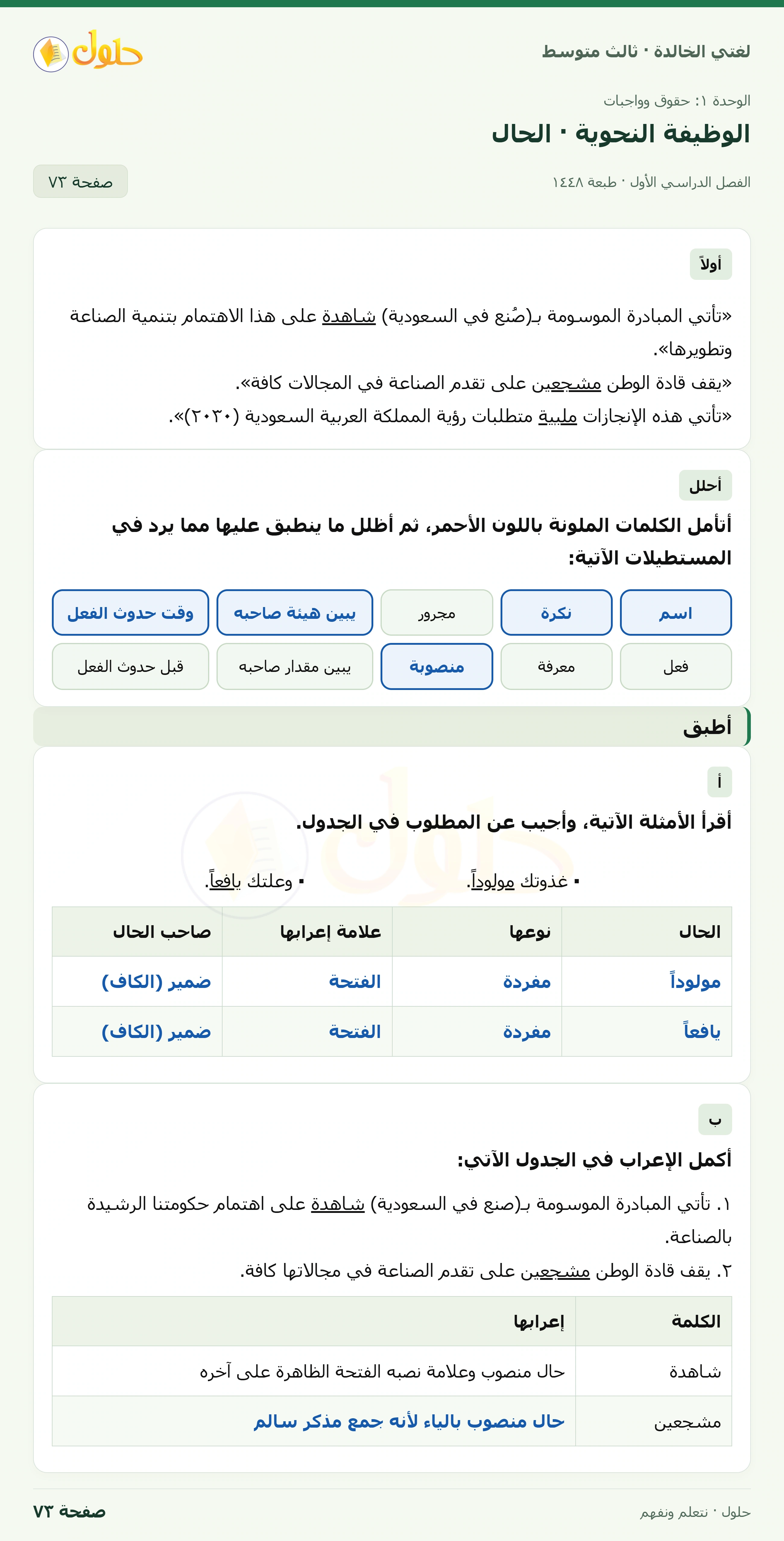 حل لغتي الخالدة للصف الثالث المتوسط صفحة 73 الجزء 1