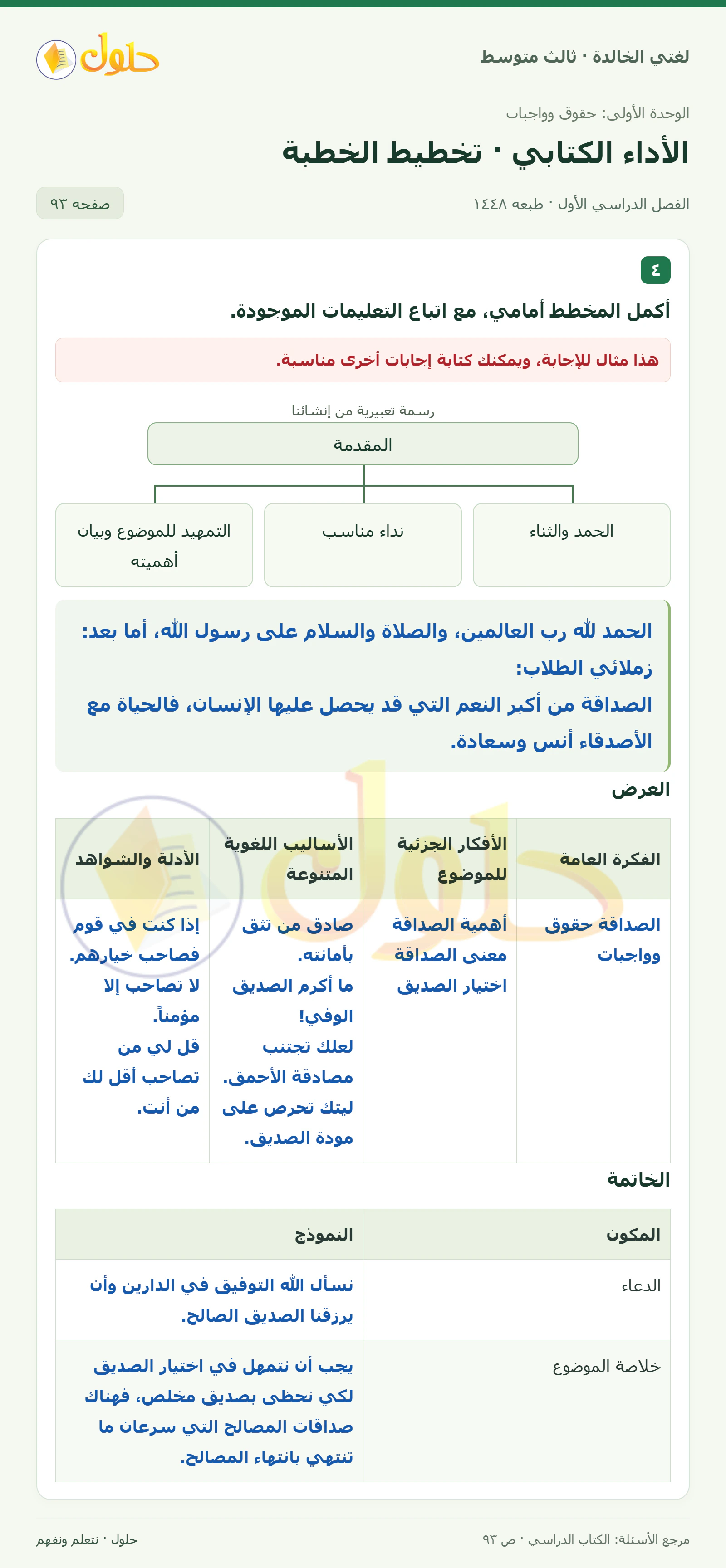 حل لغتي الخالدة للصف الثالث المتوسط صفحة 93 الجزء 1