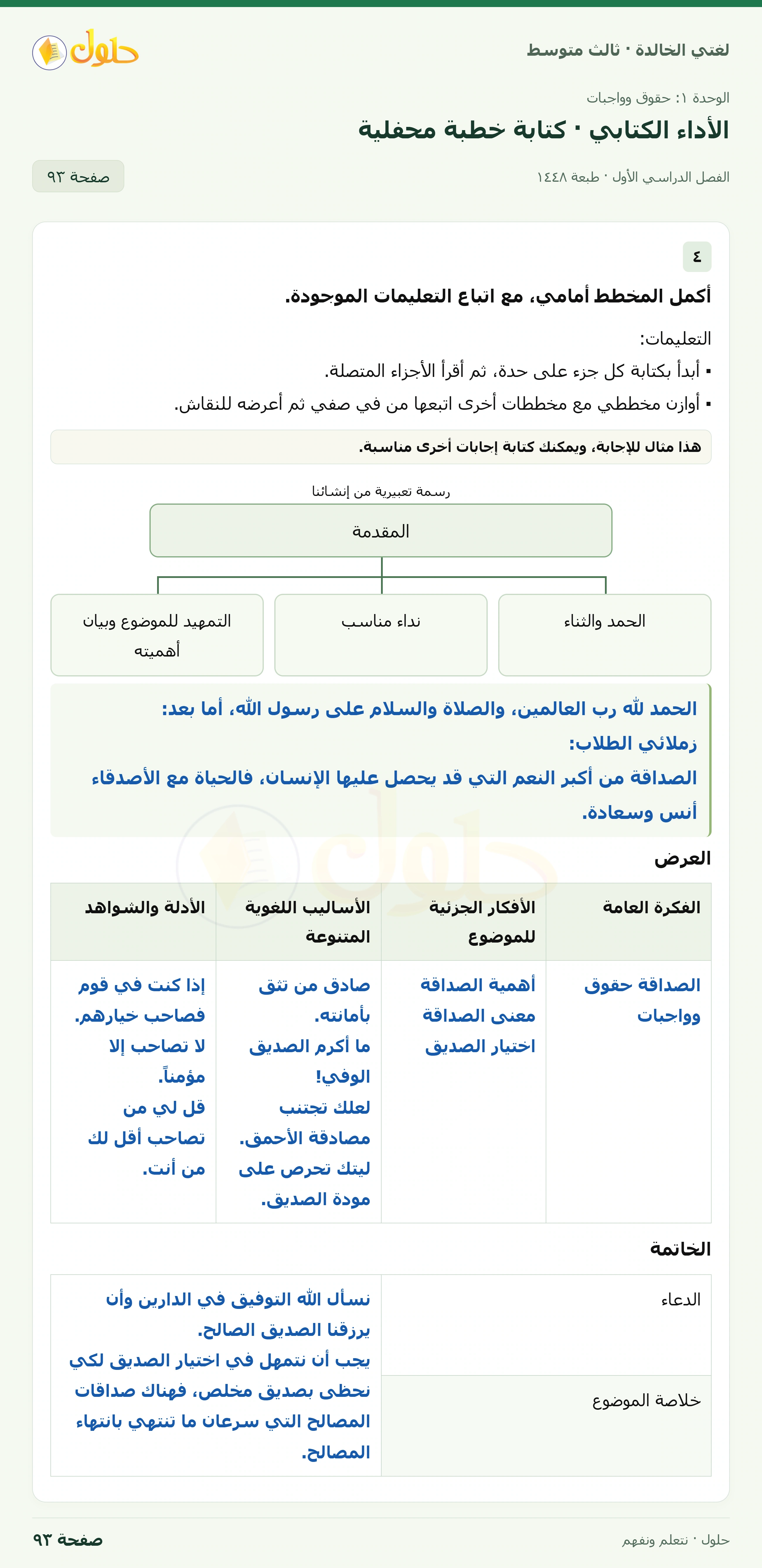 حل لغتي الخالدة للصف الثالث المتوسط صفحة 93 الجزء 1