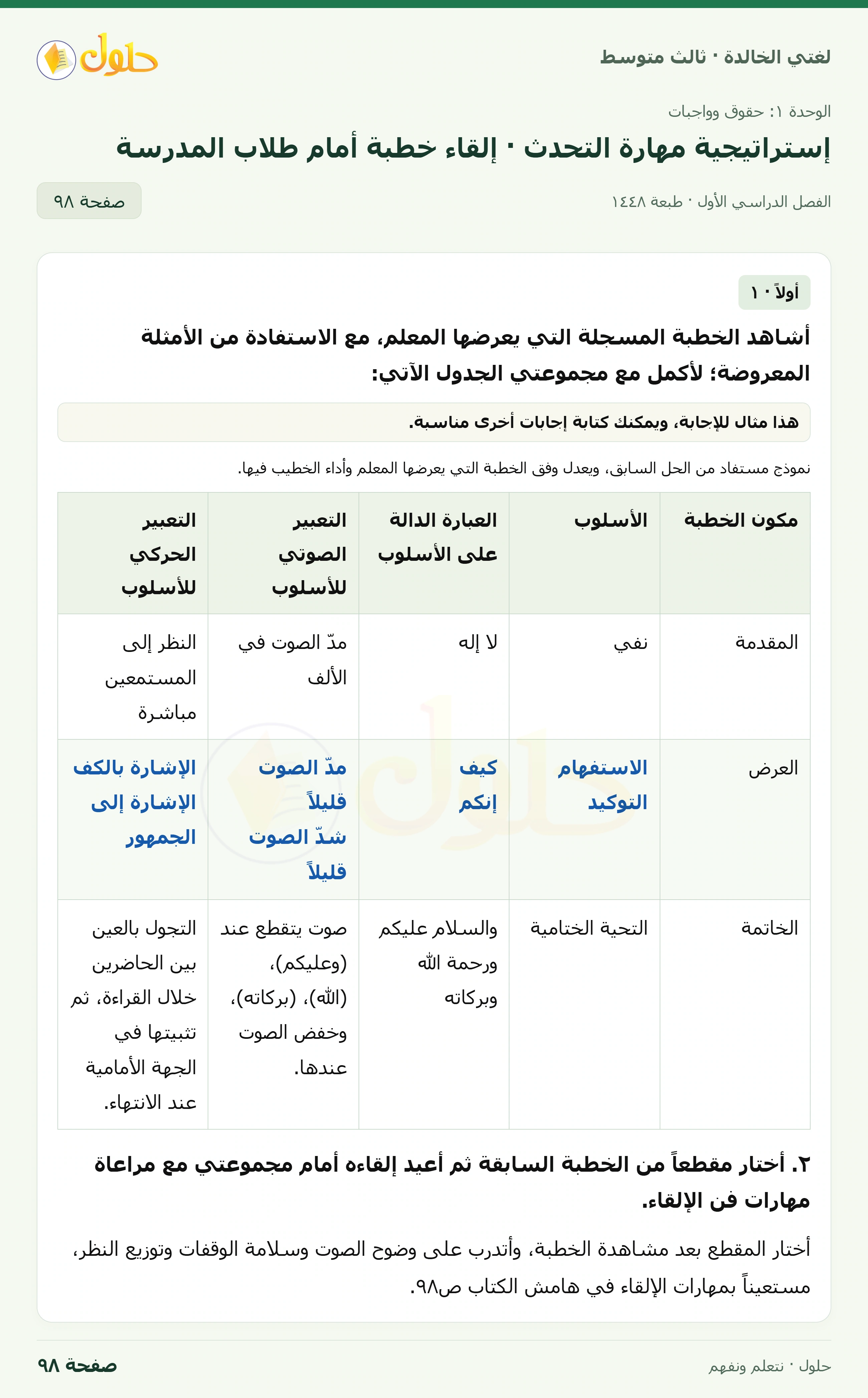 حل لغتي الخالدة للصف الثالث المتوسط صفحة 98 الجزء 1
