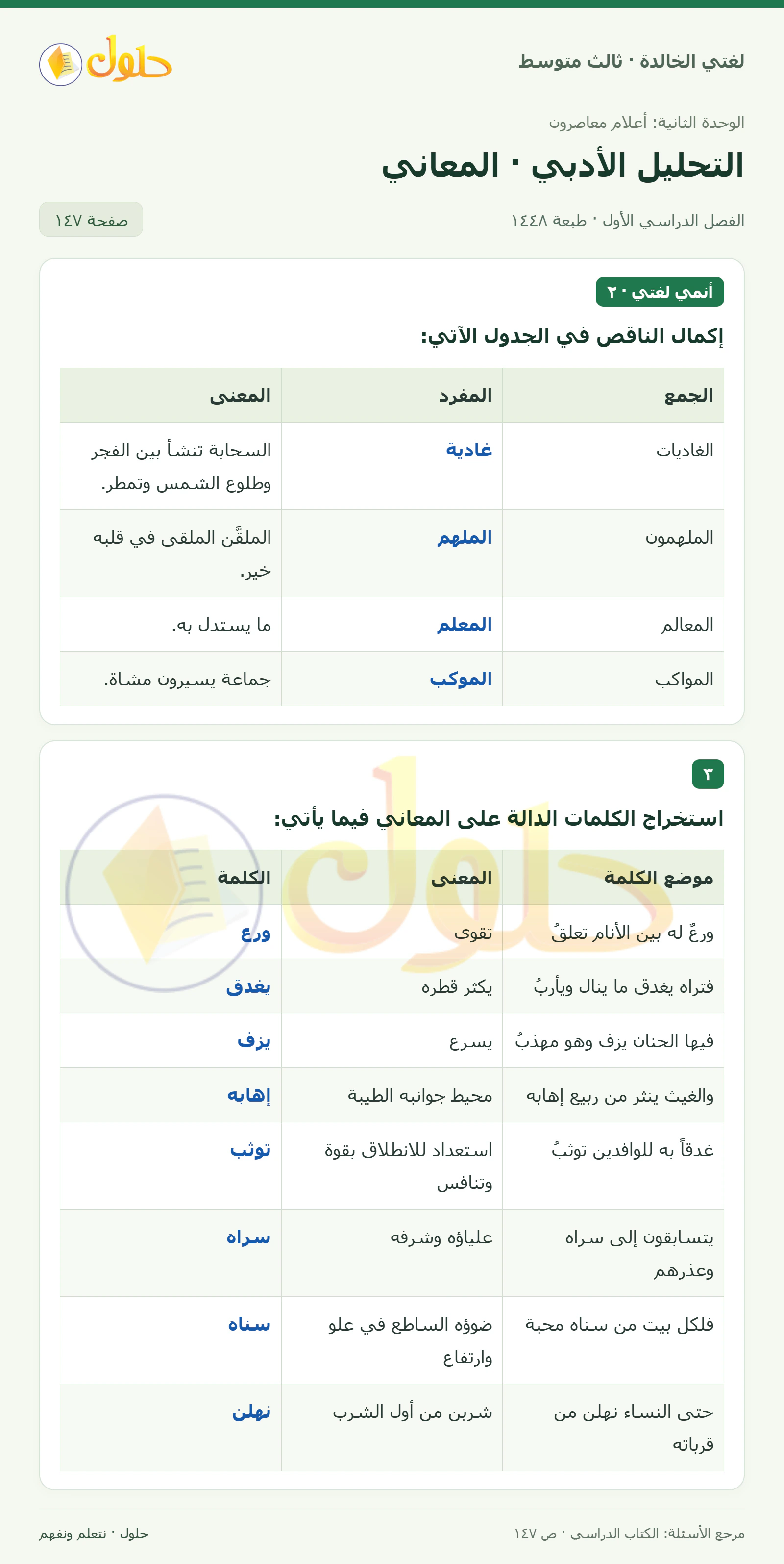 حل لغتي الخالدة للصف الثالث المتوسط صفحة 147 الجزء 1