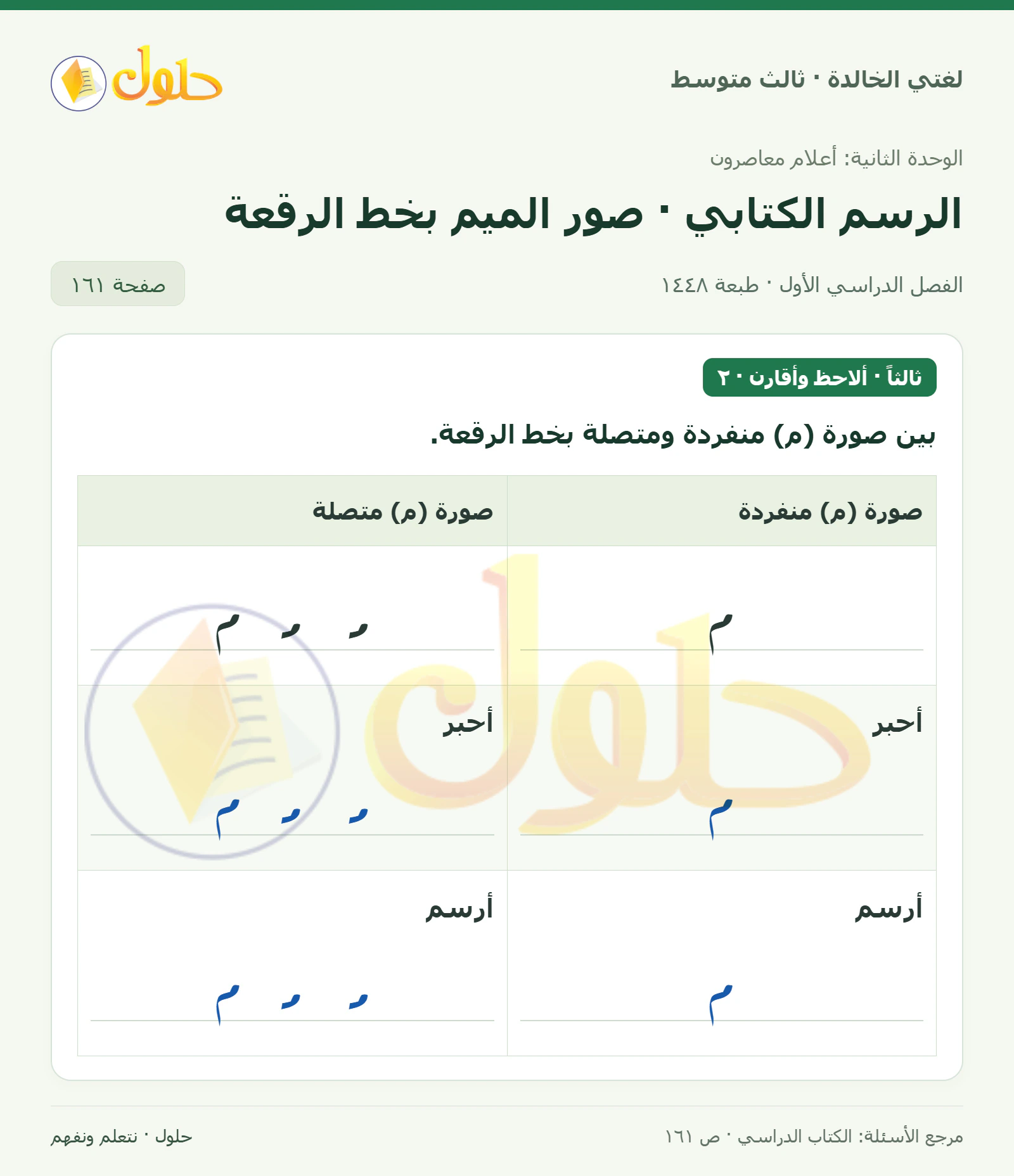 حل لغتي الخالدة للصف الثالث المتوسط صفحة 161 الجزء 1