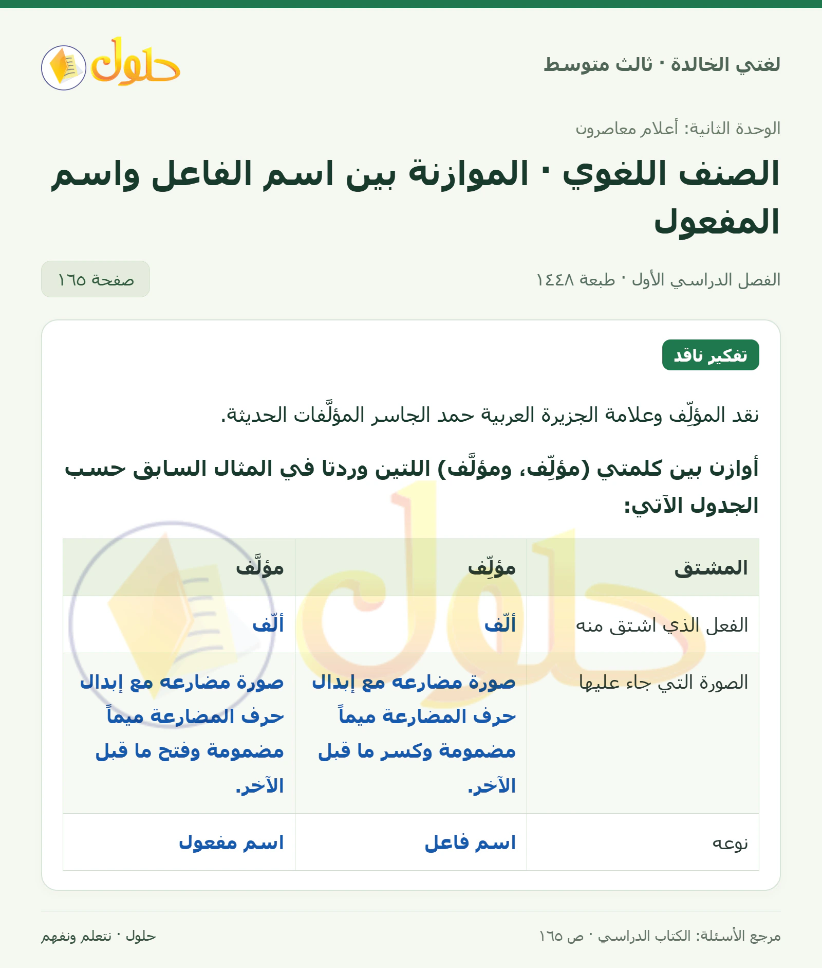 حل لغتي الخالدة للصف الثالث المتوسط صفحة 165 الجزء 1