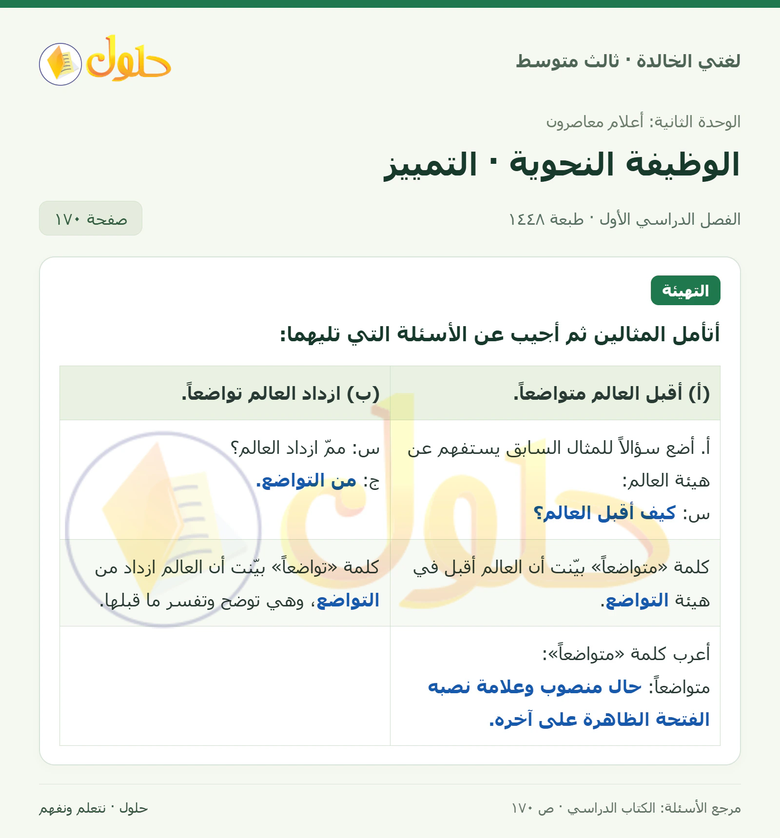 حل لغتي الخالدة للصف الثالث المتوسط صفحة 170 الجزء 1
