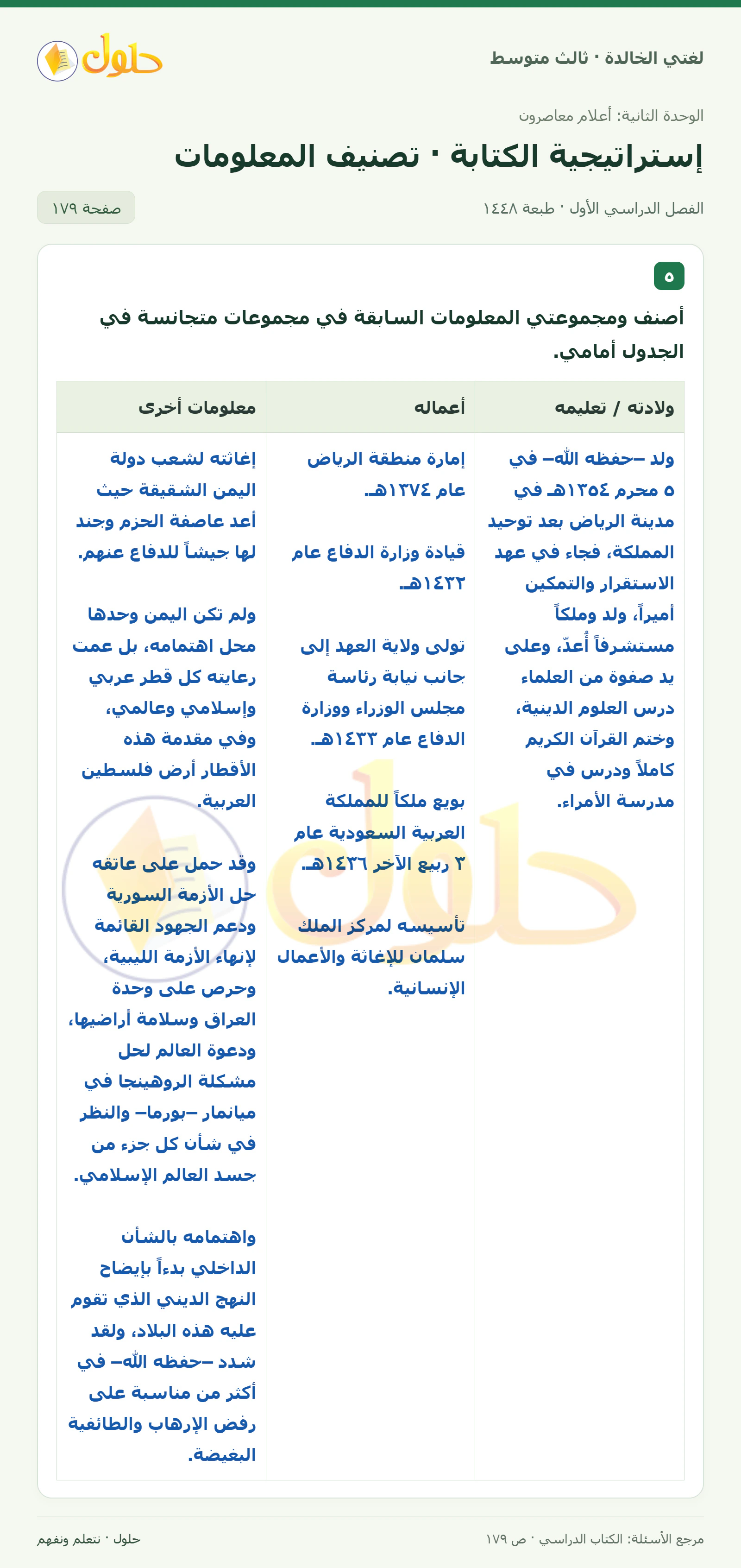 حل لغتي الخالدة للصف الثالث المتوسط صفحة 179 الجزء 1
