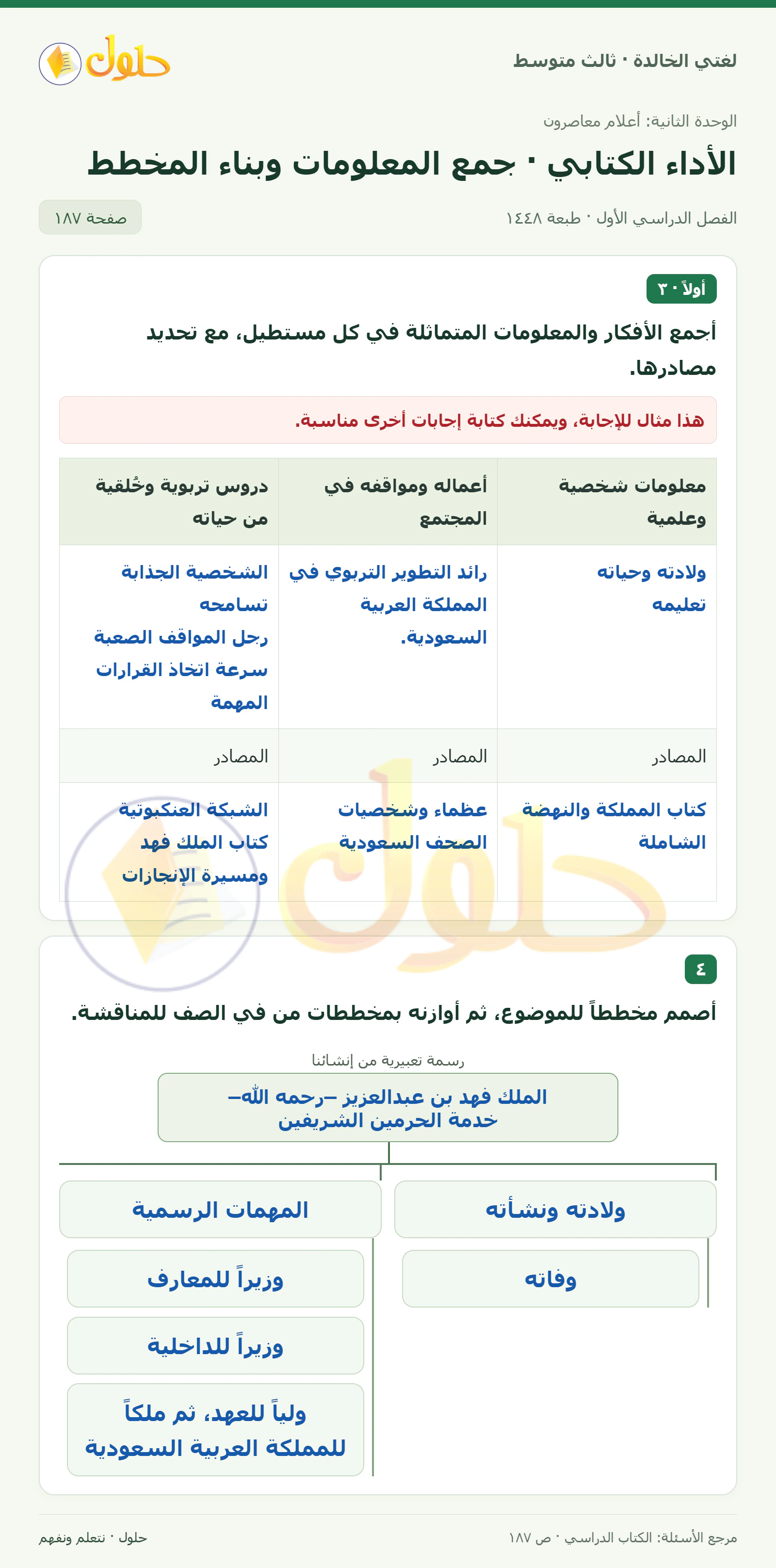 حل لغتي الخالدة للصف الثالث المتوسط صفحة 187 الجزء 1