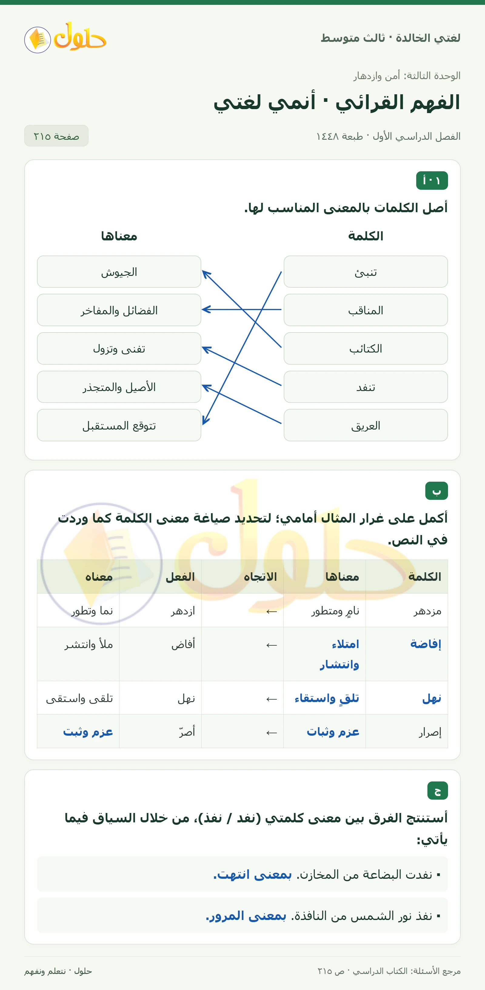 حل لغتي الخالدة للصف الثالث المتوسط صفحة 215 الجزء 1