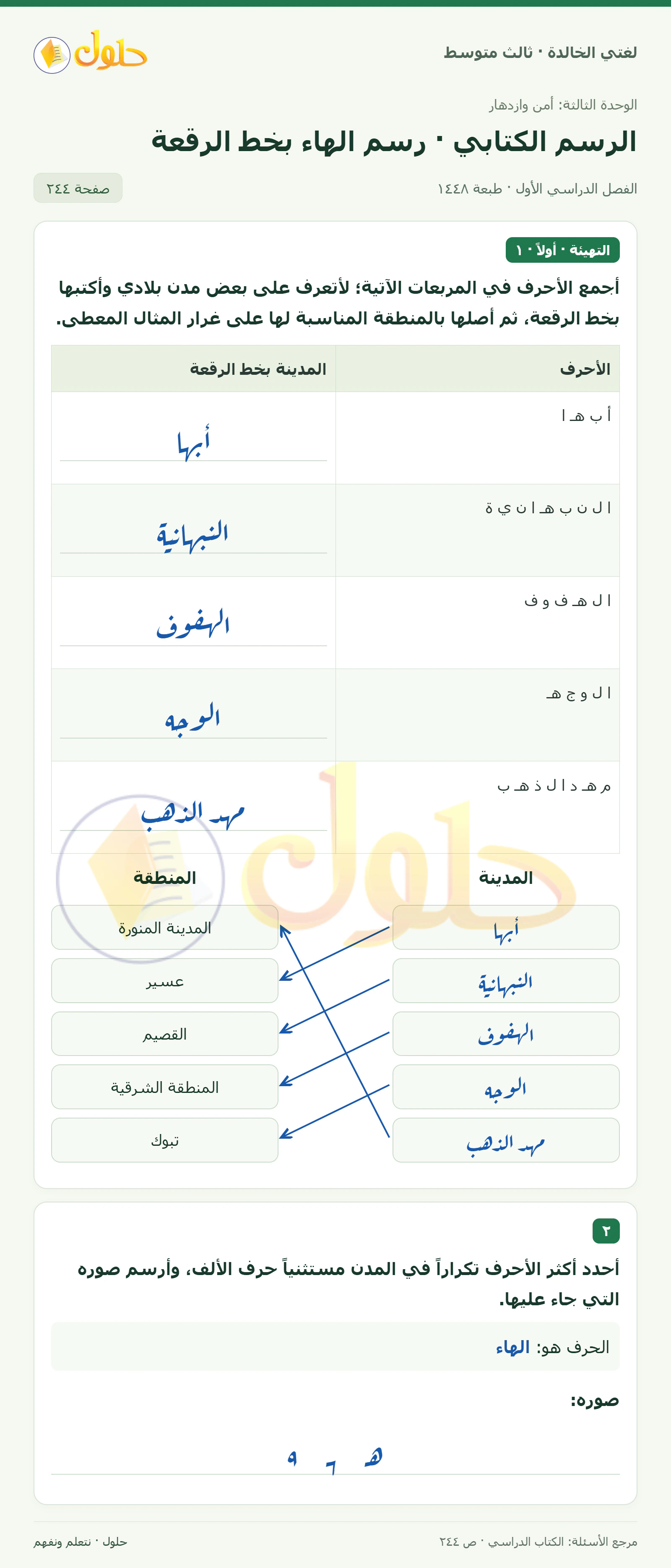 حل لغتي الخالدة للصف الثالث المتوسط صفحة 244 الجزء 1