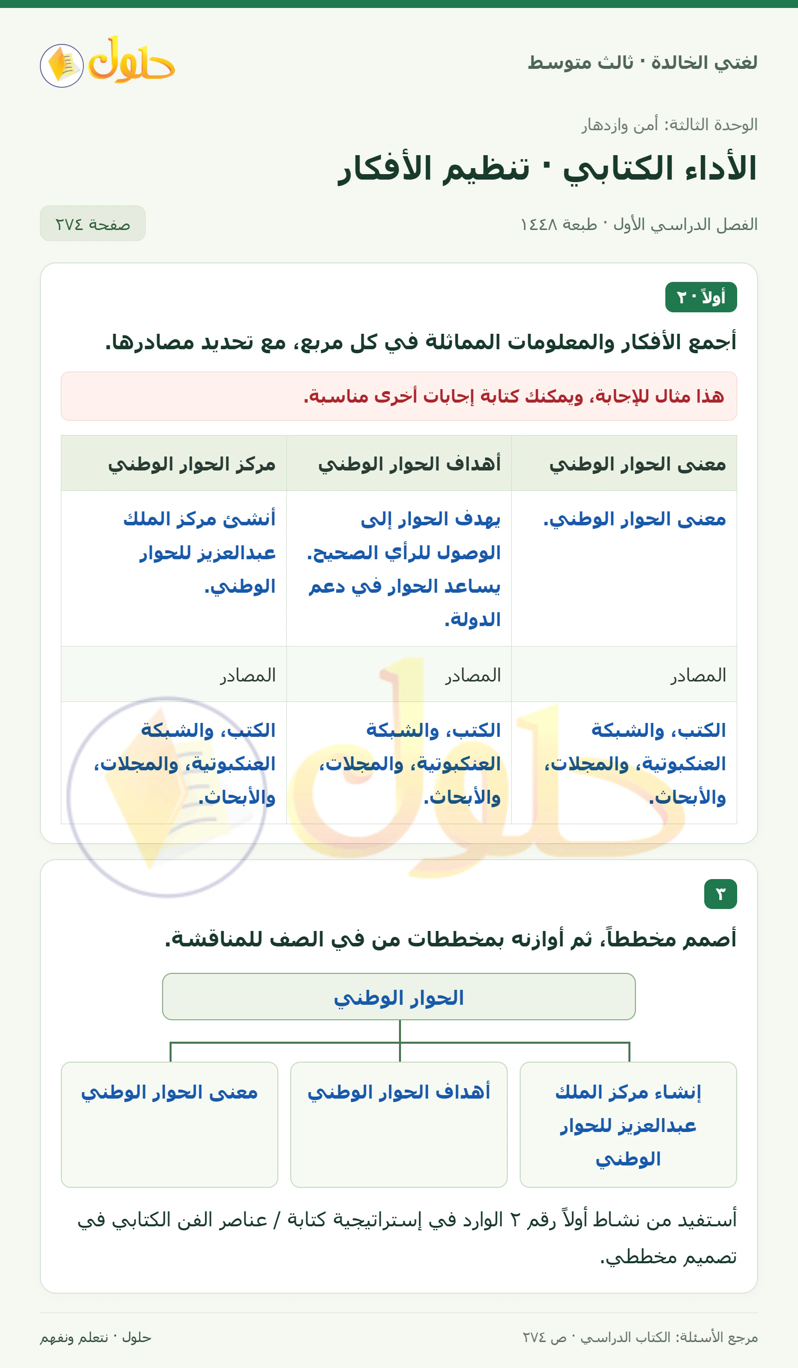 حل لغتي الخالدة للصف الثالث المتوسط صفحة 274 الجزء 1