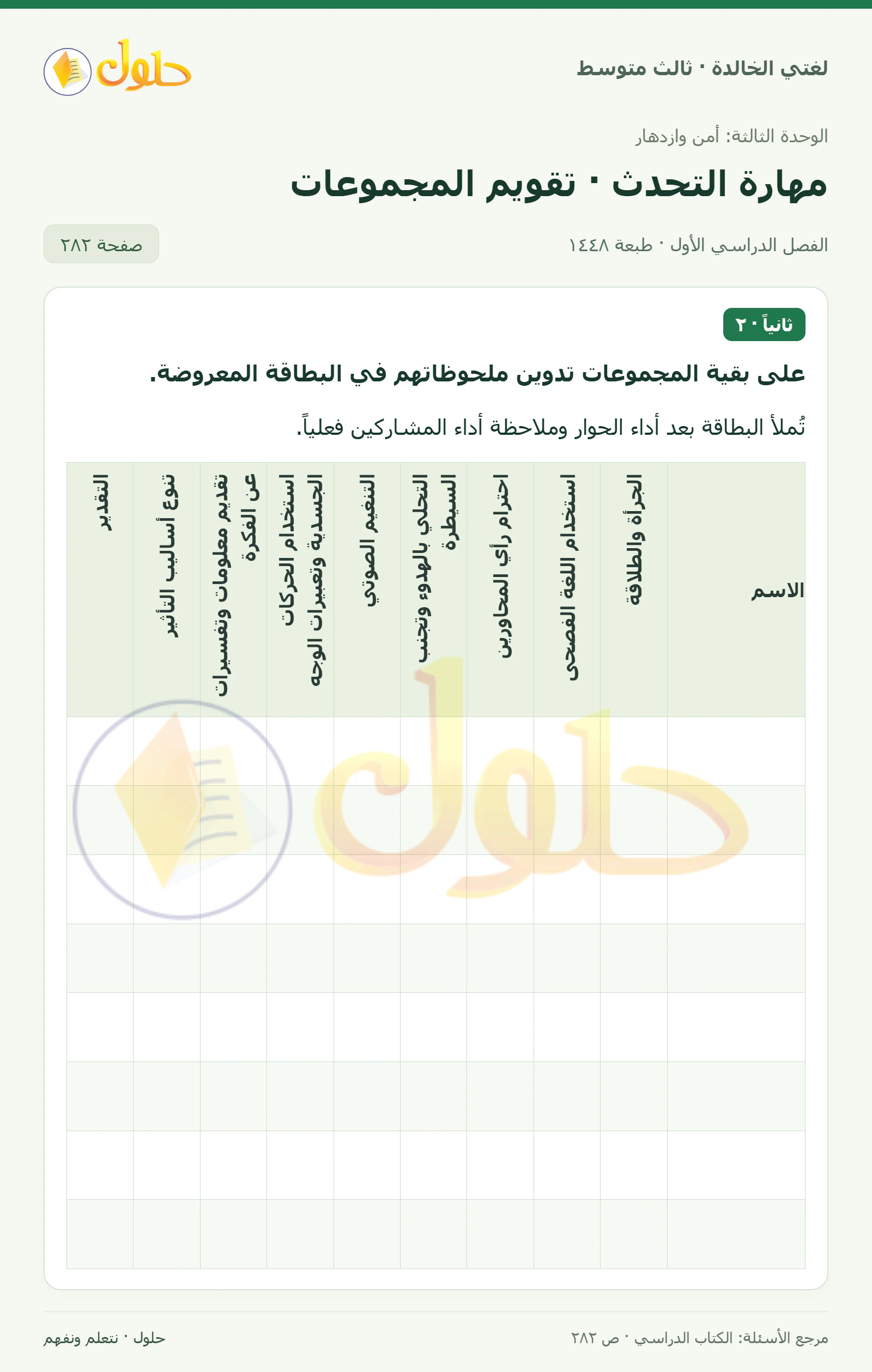 حل لغتي الخالدة للصف الثالث المتوسط صفحة 282 الجزء 1