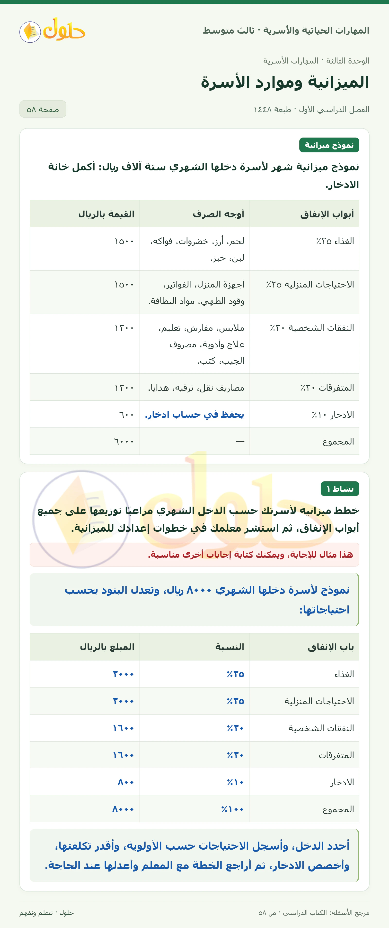حل المهارات الحياتية والأسرية للصف الثالث المتوسط، الفصل الدراسي الأول، صفحة ٥٨، الجزء ١