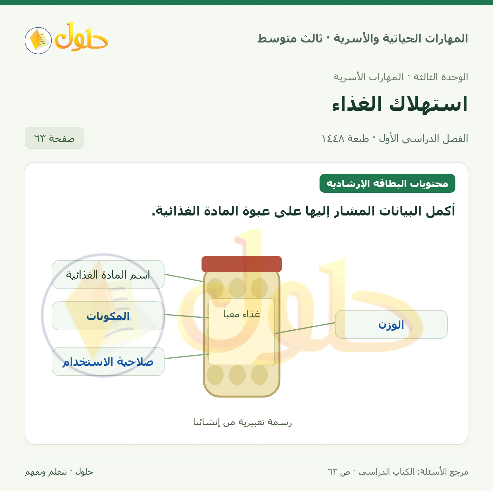 حل المهارات الحياتية والأسرية للصف الثالث المتوسط، الفصل الدراسي الأول، صفحة ٦٣، الجزء ١