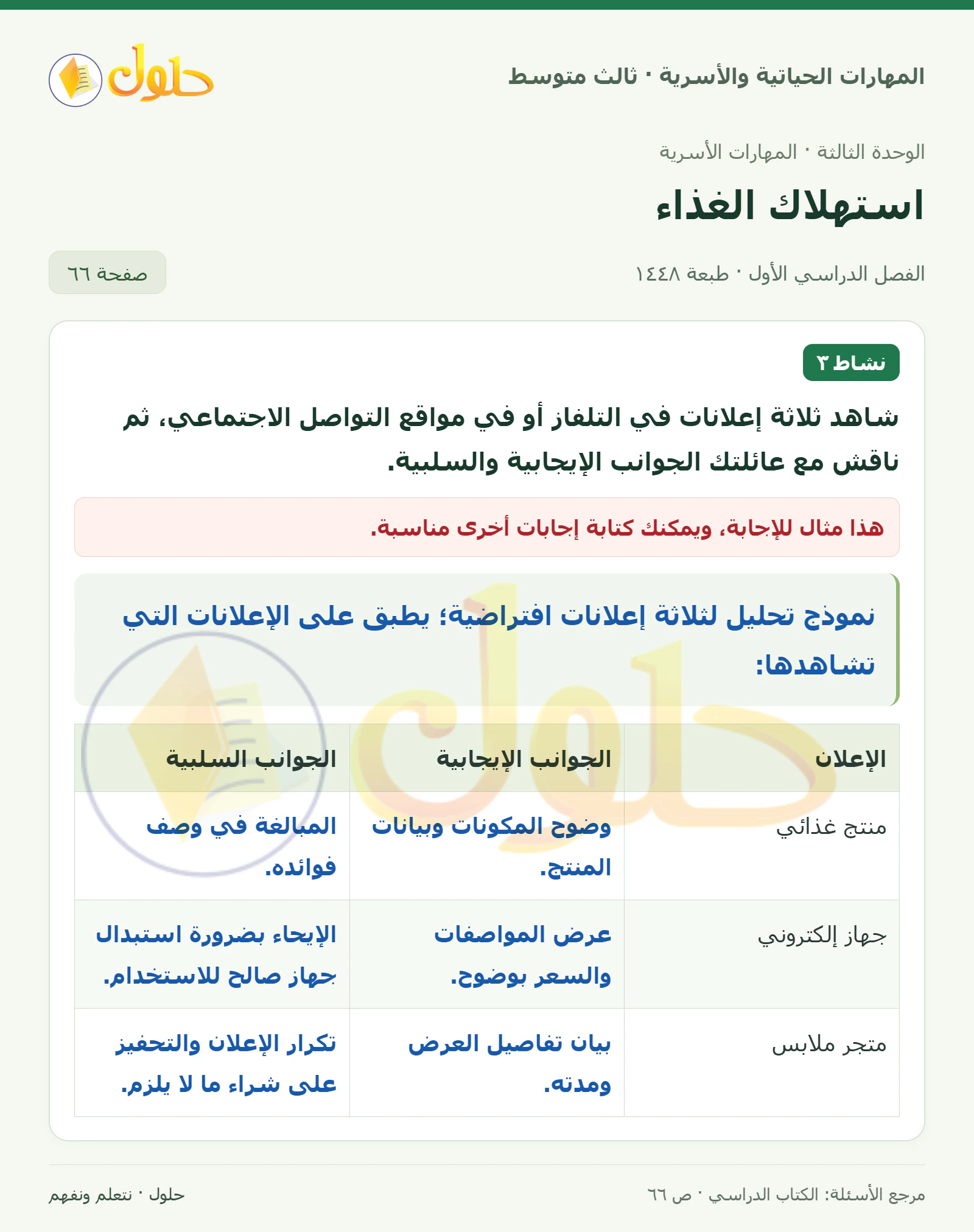 حل المهارات الحياتية والأسرية للصف الثالث المتوسط، الفصل الدراسي الأول، صفحة ٦٦، الجزء ١