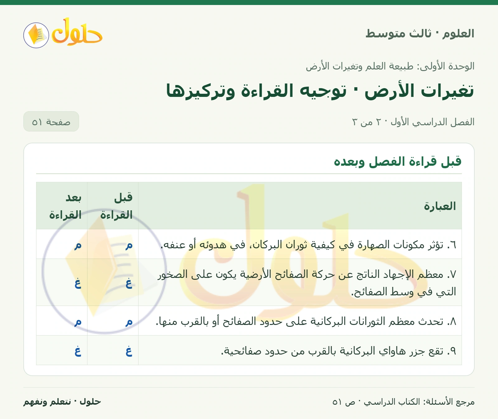العلوم للصف الثالث المتوسط، صفحة 51، الجزء 2: قبل قراءة الفصل وبعده