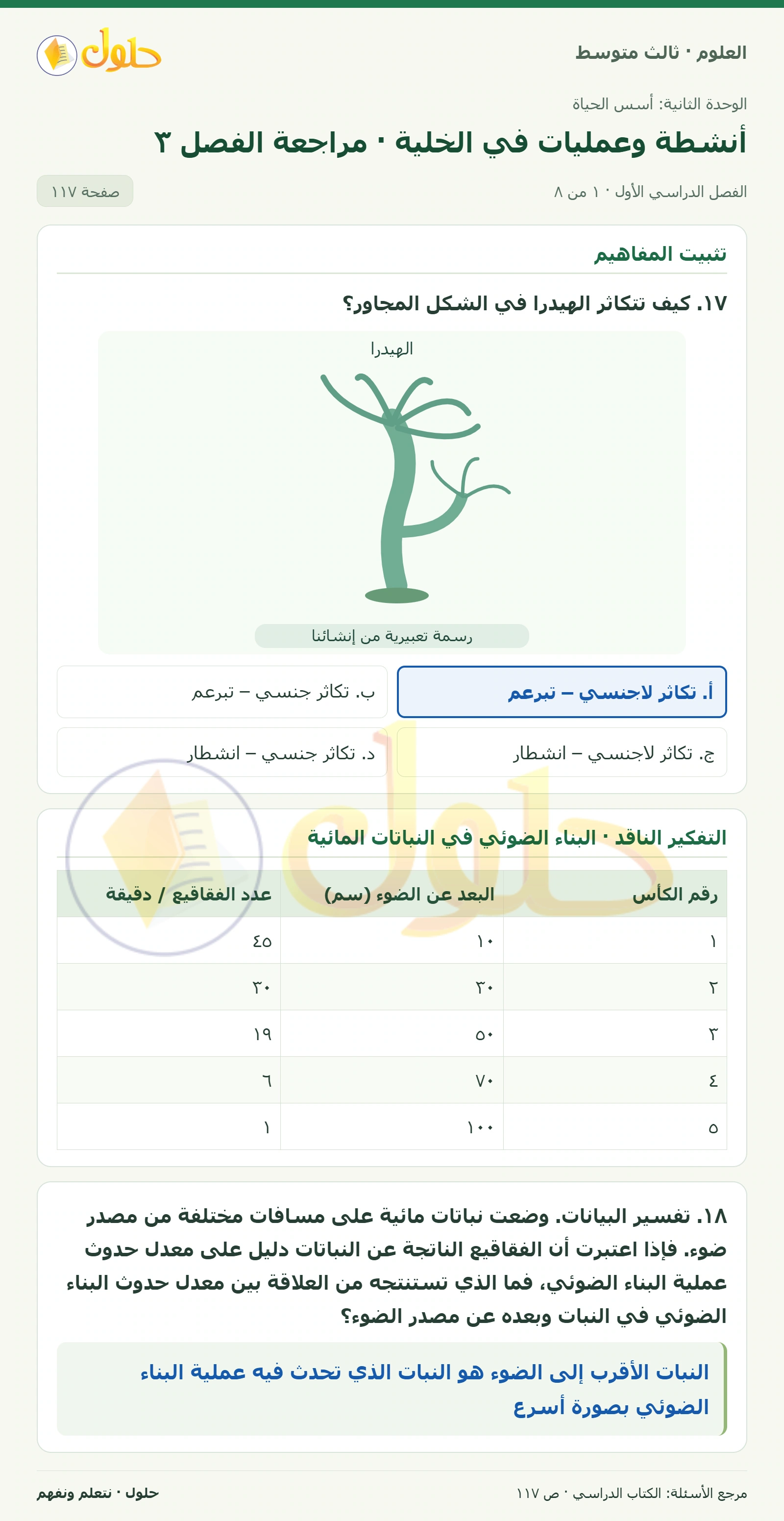 العلوم للصف الثالث المتوسط، صفحة 117، الجزء 1: ١٧. كيف تتكاثر الهيدرا في الشكل المجاور؟