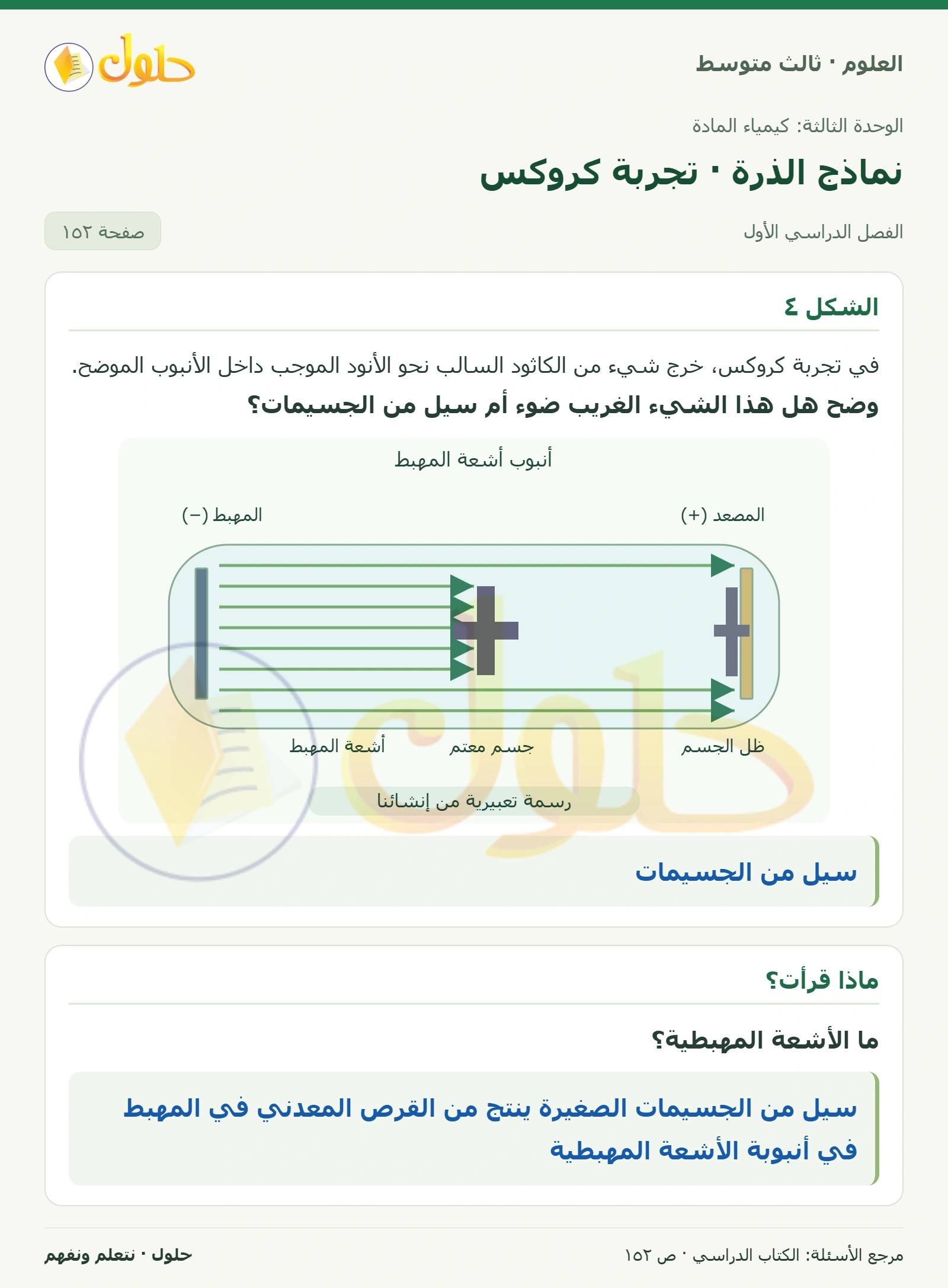 العلوم للصف الثالث المتوسط، صفحة 152، الجزء 1: وضح هل هذا الشيء الغريب ضوء أم سيل من الجسيمات؟