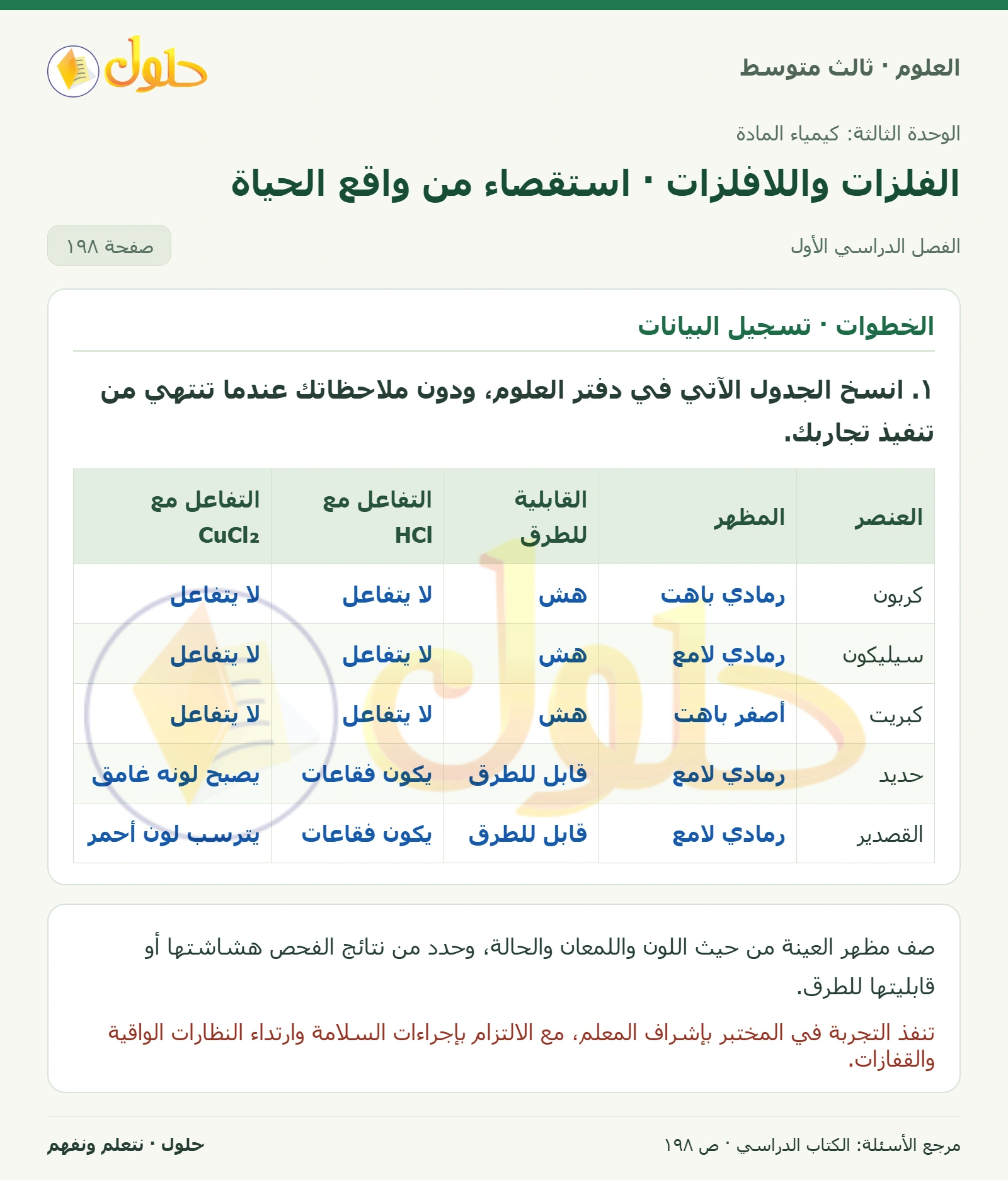 العلوم للصف الثالث المتوسط، صفحة 198، الجزء 1: ١. انسخ الجدول الآتي في دفتر العلوم، ودون ملاحظاتك عندما تنتهي من تنفيذ تجاربك.