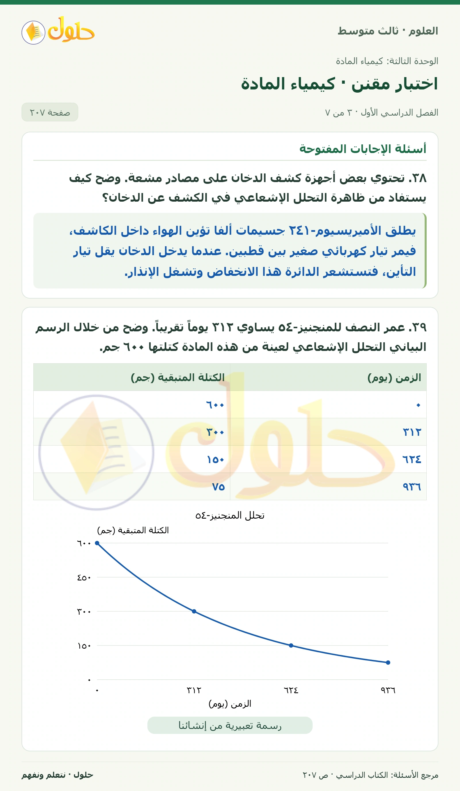 العلوم للصف الثالث المتوسط، صفحة 207، الجزء 3: ٣٣. يوضح الرسم تجربة رذرفورد. صف التجهيزات والإعدادات التي قام بها في التجربة، وما النتائج التي توقعها…
