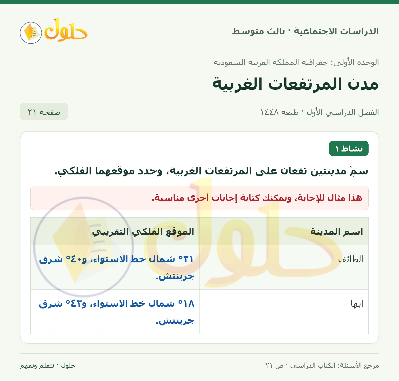 حل الدراسات الاجتماعية للصف الثالث المتوسط صفحة 21