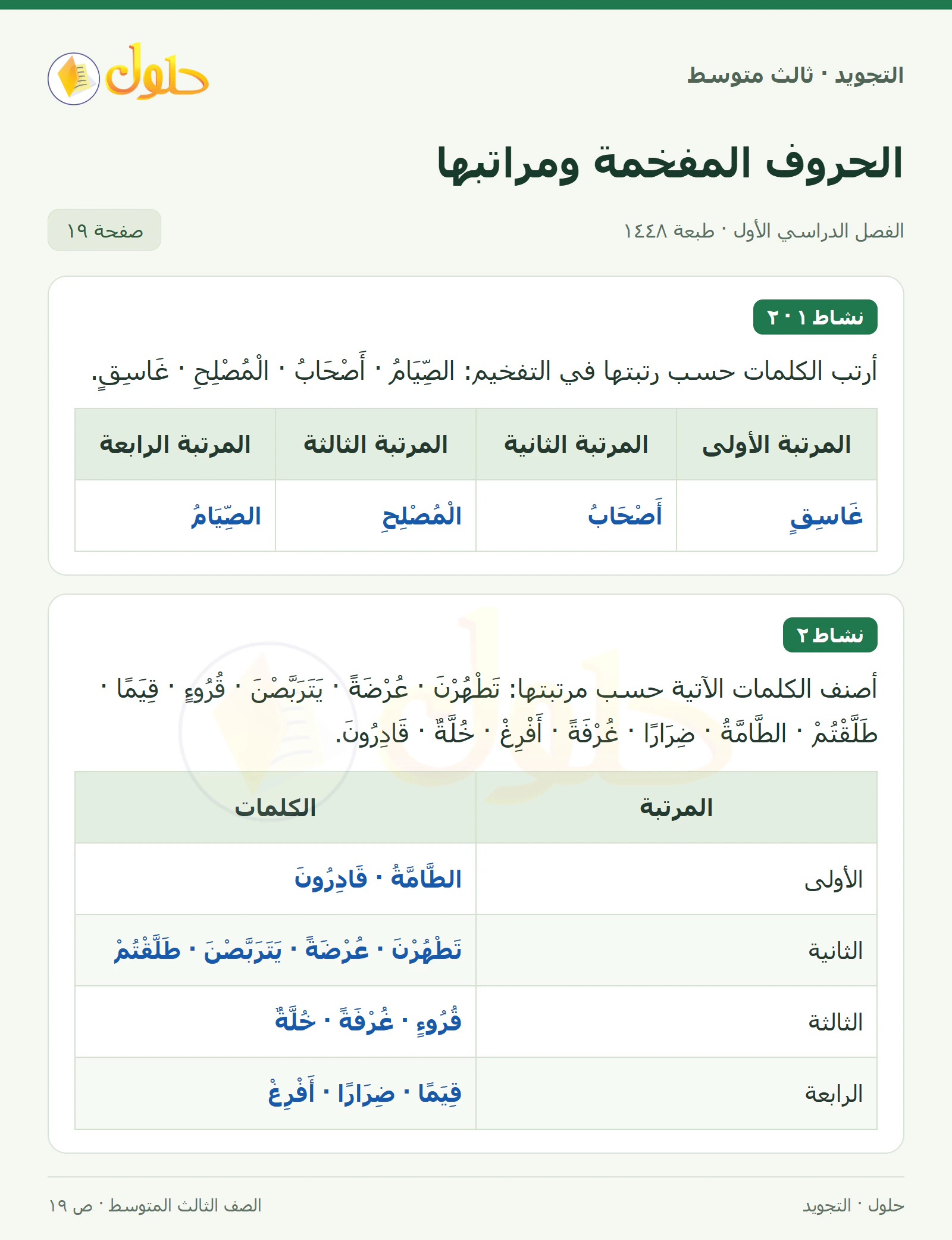 حل التجويد للصف الثالث المتوسط، الفصل الدراسي الأول، الحروف المفخمة ومراتبها، صفحة ١٩، الجزء ١