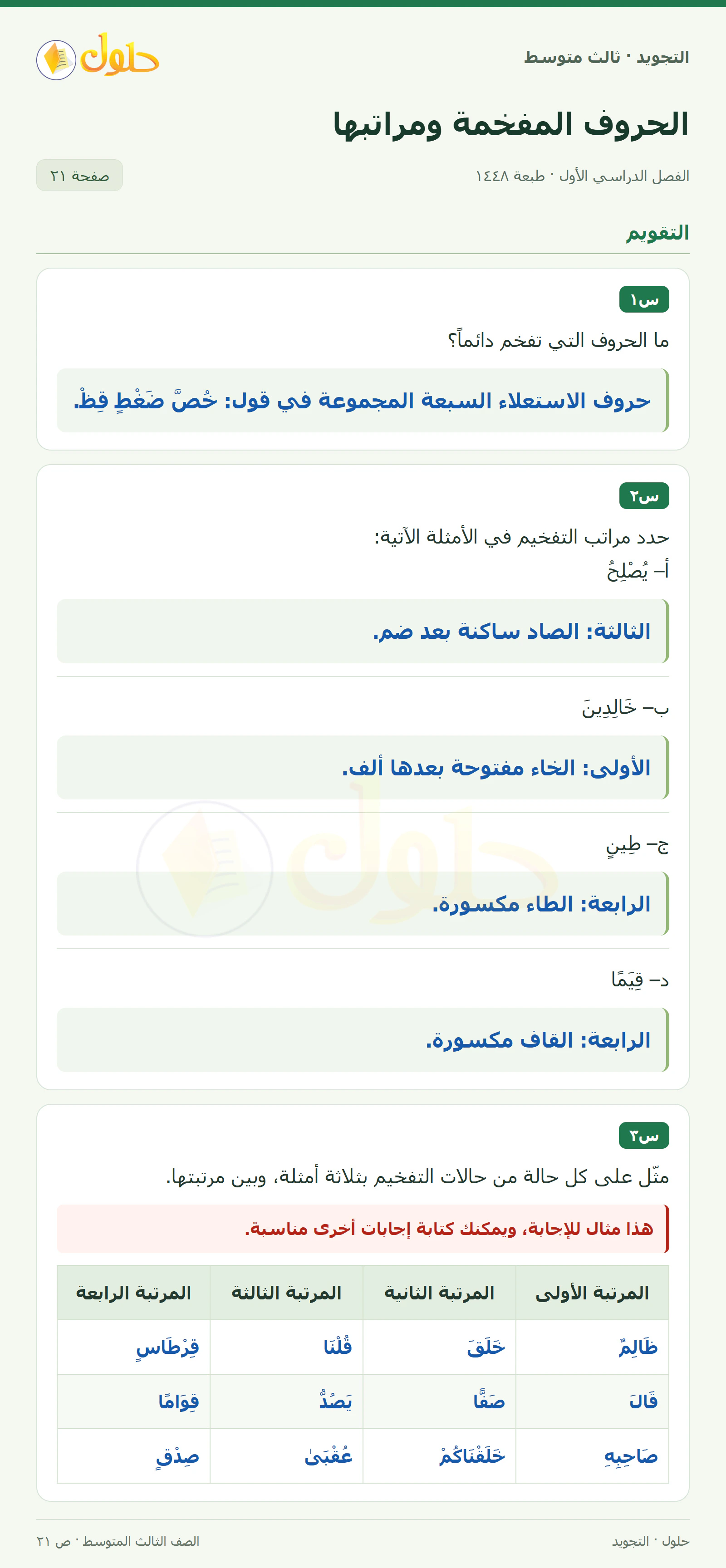 حل التجويد للصف الثالث المتوسط، الفصل الدراسي الأول، الحروف المفخمة ومراتبها، صفحة ٢١، الجزء ١