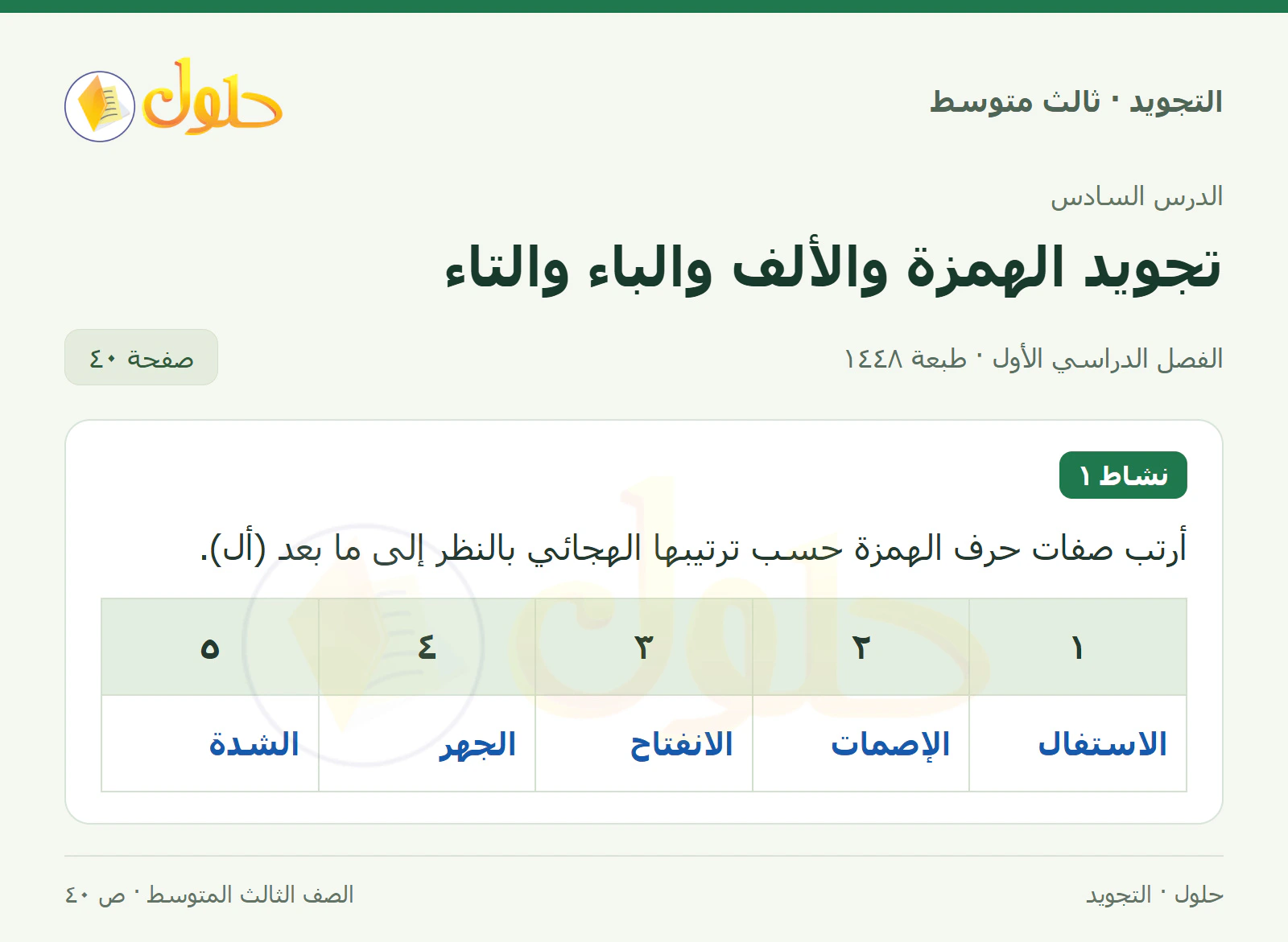 حل التجويد للصف الثالث المتوسط، الفصل الدراسي الأول، تجويد الهمزة والألف والباء والتاء، صفحة ٤٠، الجزء ١