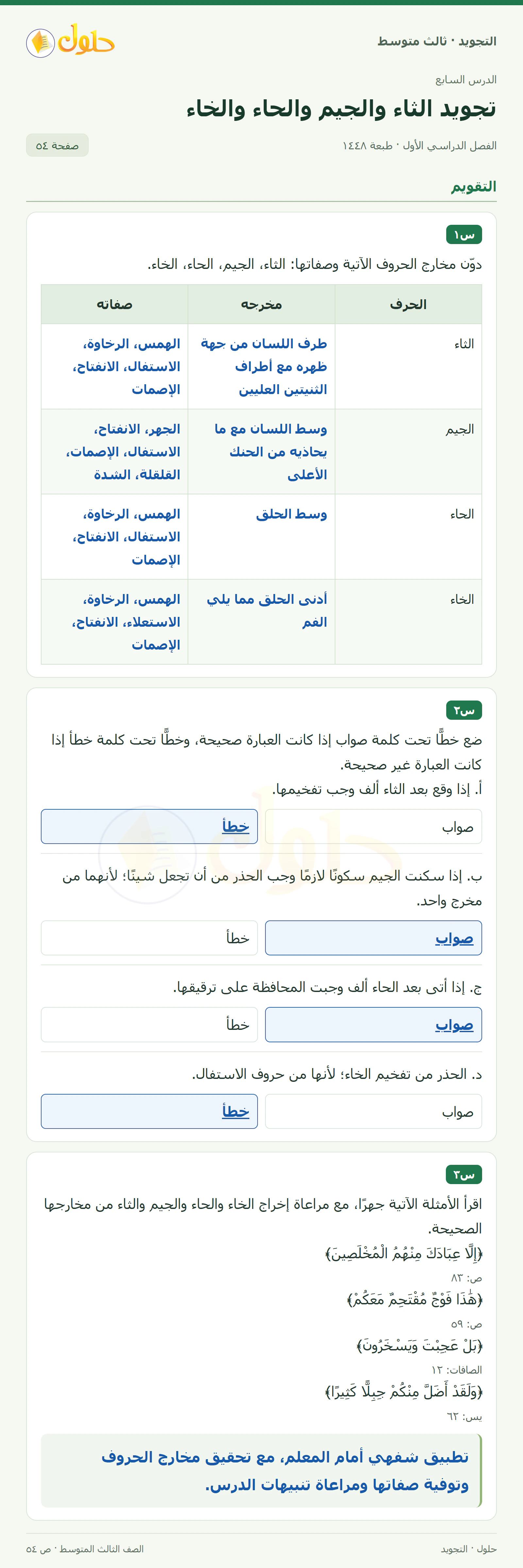 حل التجويد للصف الثالث المتوسط، الفصل الدراسي الأول، تجويد الثاء والجيم والحاء والخاء، صفحة ٥٤، الجزء ١