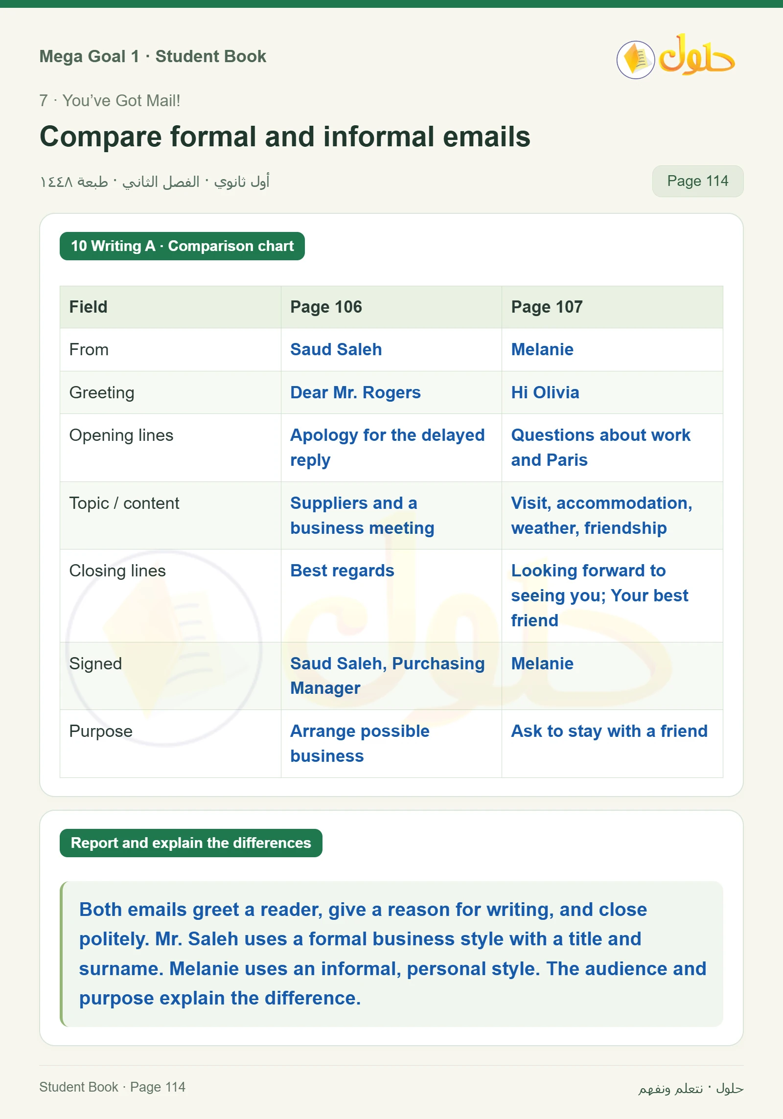 حل كتاب الطالب اللغة الإنجليزية Mega Goal 1 للصف الأول الثانوي الفصل الدراسي الثاني صفحة 114