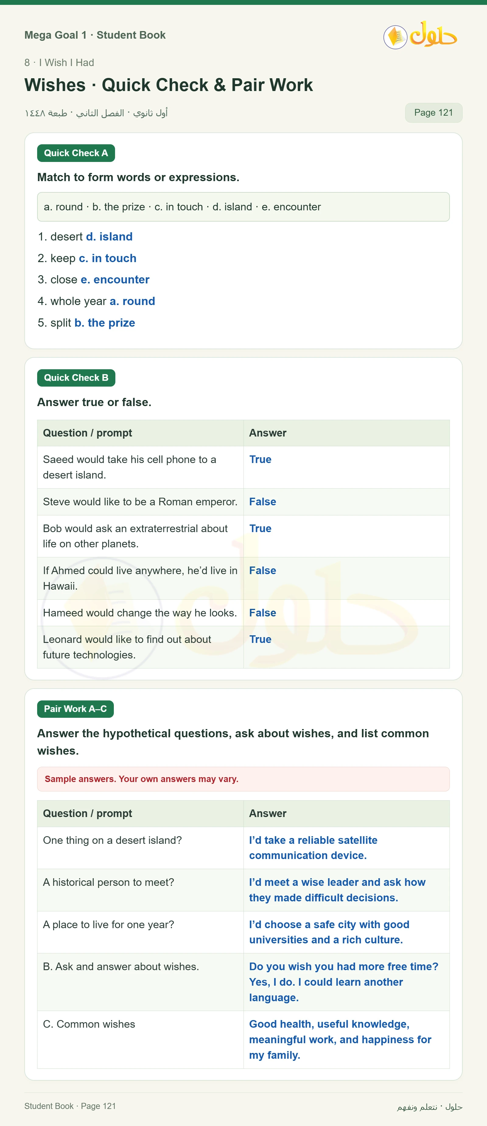 حل كتاب الطالب اللغة الإنجليزية Mega Goal 1 للصف الأول الثانوي الفصل الدراسي الثاني صفحة 121