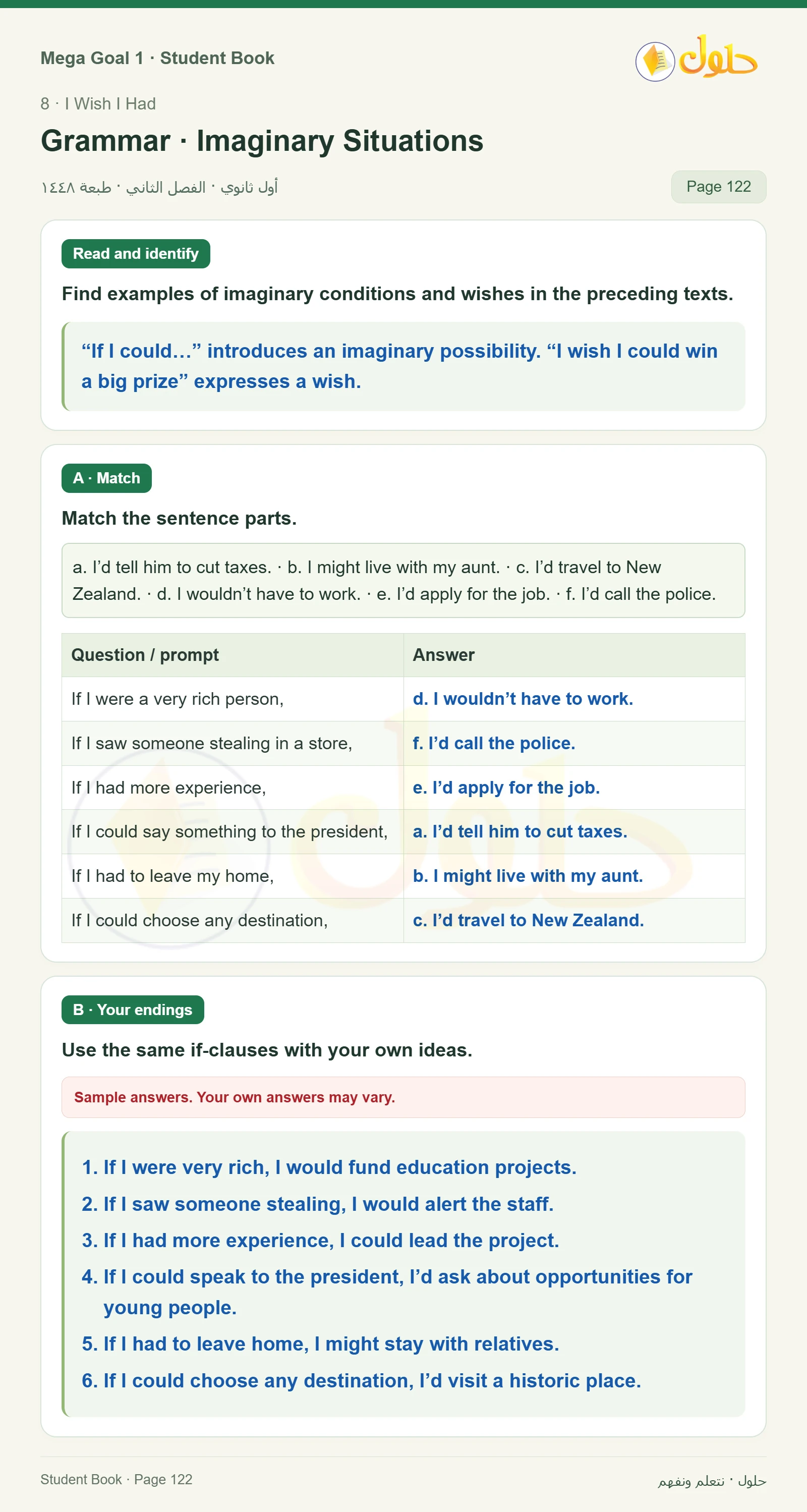 حل كتاب الطالب اللغة الإنجليزية Mega Goal 1 للصف الأول الثانوي الفصل الدراسي الثاني صفحة 122