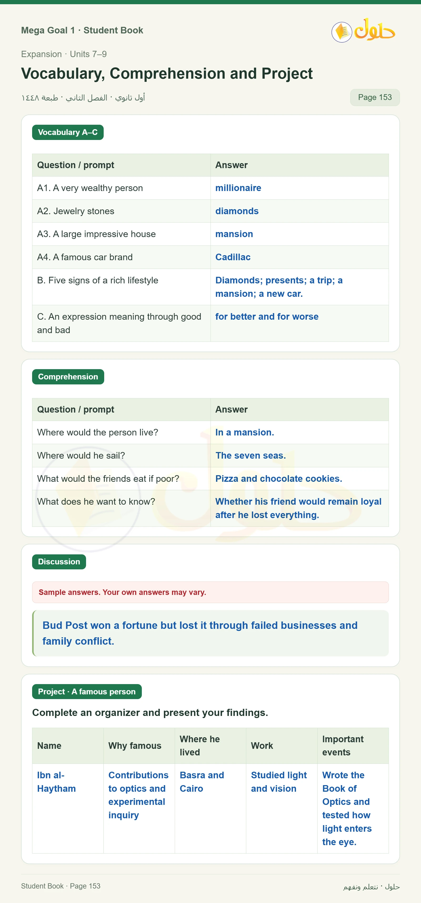 حل كتاب الطالب اللغة الإنجليزية Mega Goal 1 للصف الأول الثانوي الفصل الدراسي الثاني صفحة 153