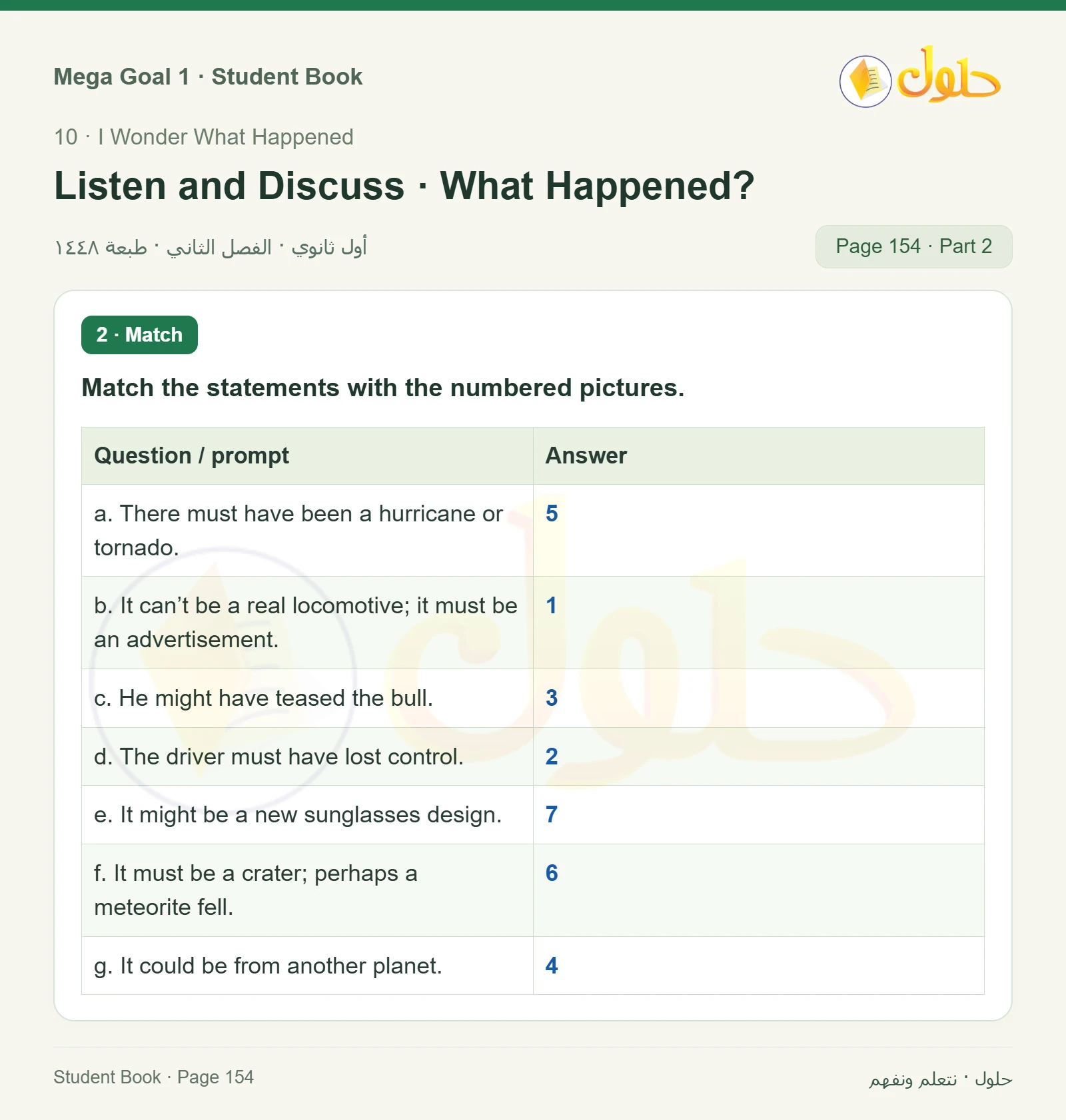 حل كتاب الطالب اللغة الإنجليزية Mega Goal 1 للصف الأول الثانوي الفصل الدراسي الثاني صفحة 154