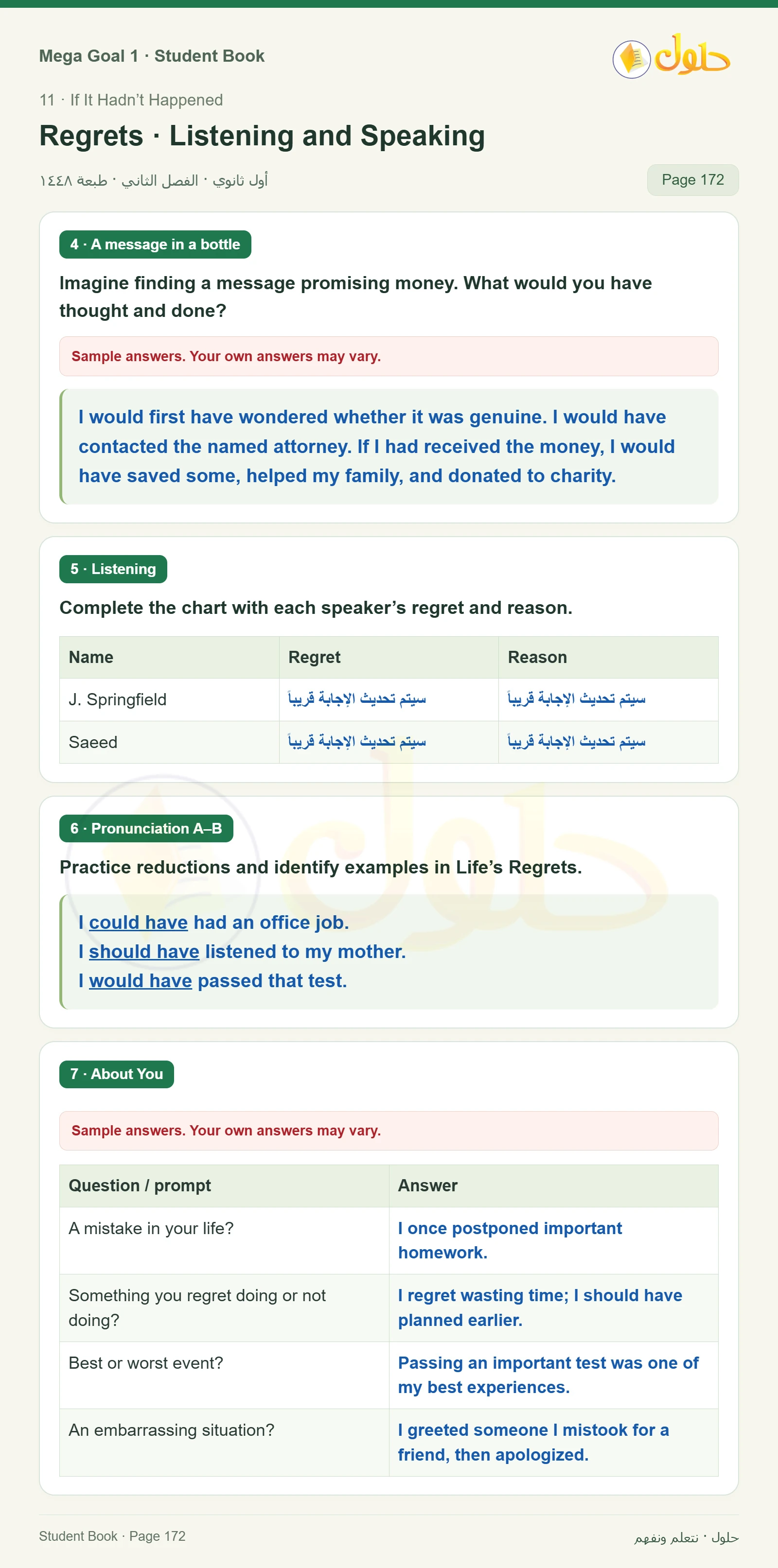 حل كتاب الطالب اللغة الإنجليزية Mega Goal 1 للصف الأول الثانوي الفصل الدراسي الثاني صفحة 172