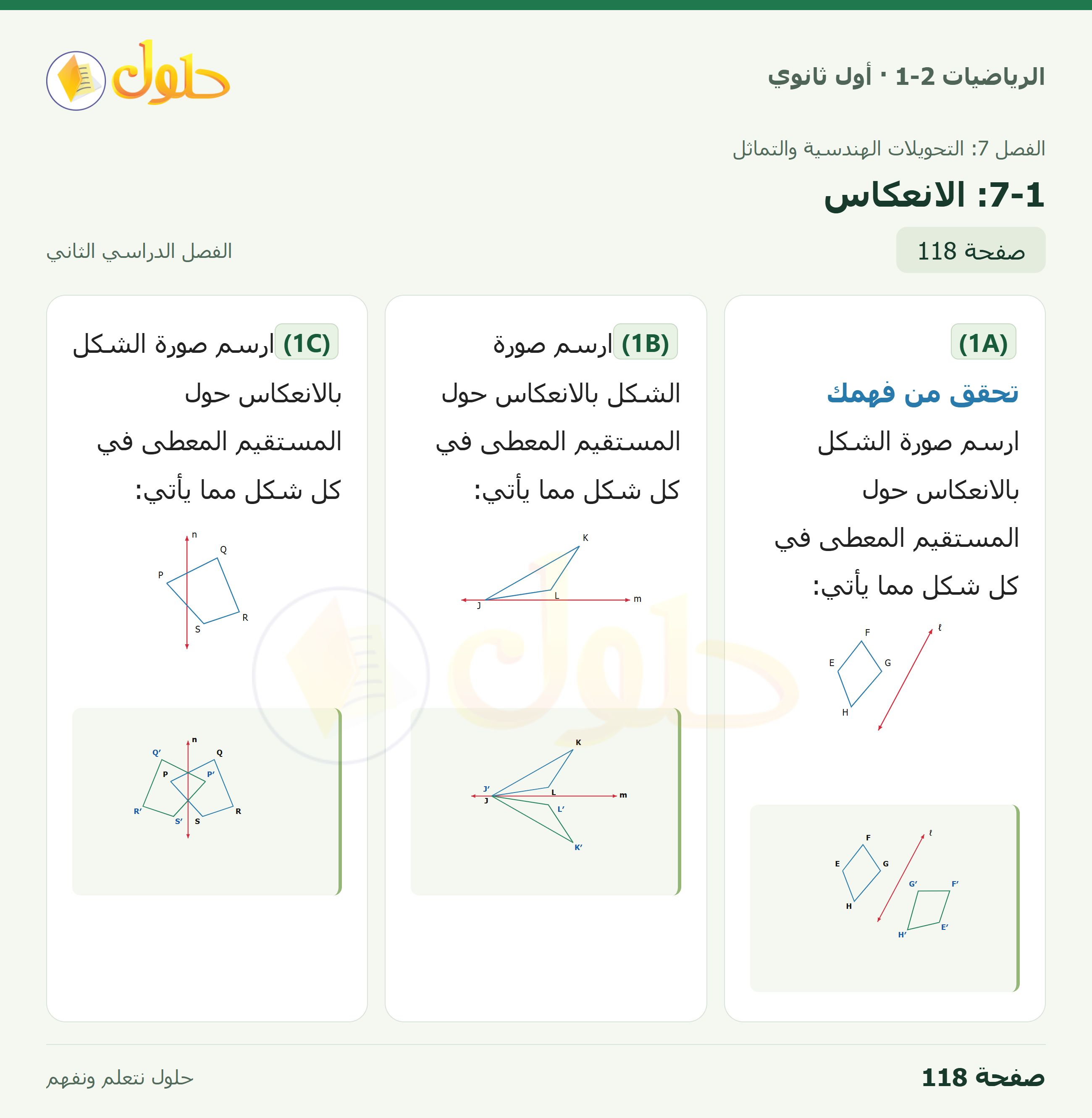 الرياضيات 1-2 · ٧-١ الانعكاس · صفحة ١١٨