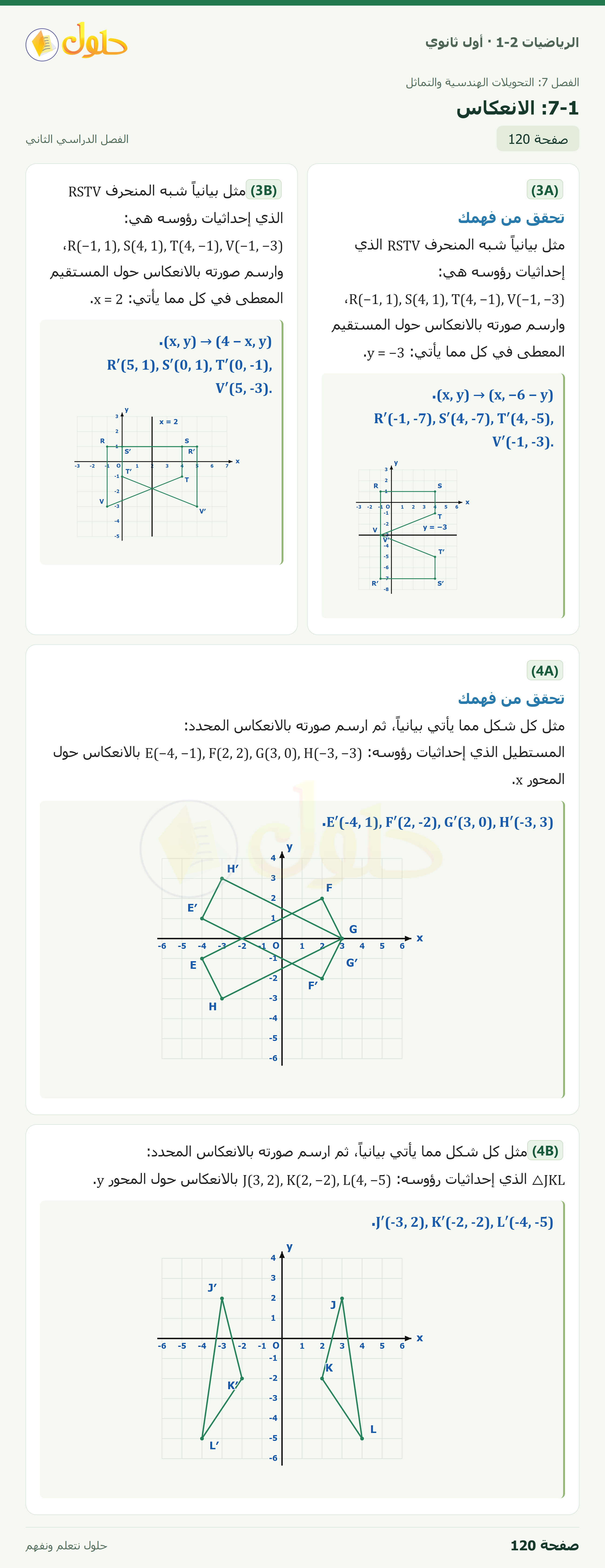 الرياضيات 1-2 · ٧-١ الانعكاس · صفحة ١٢٠