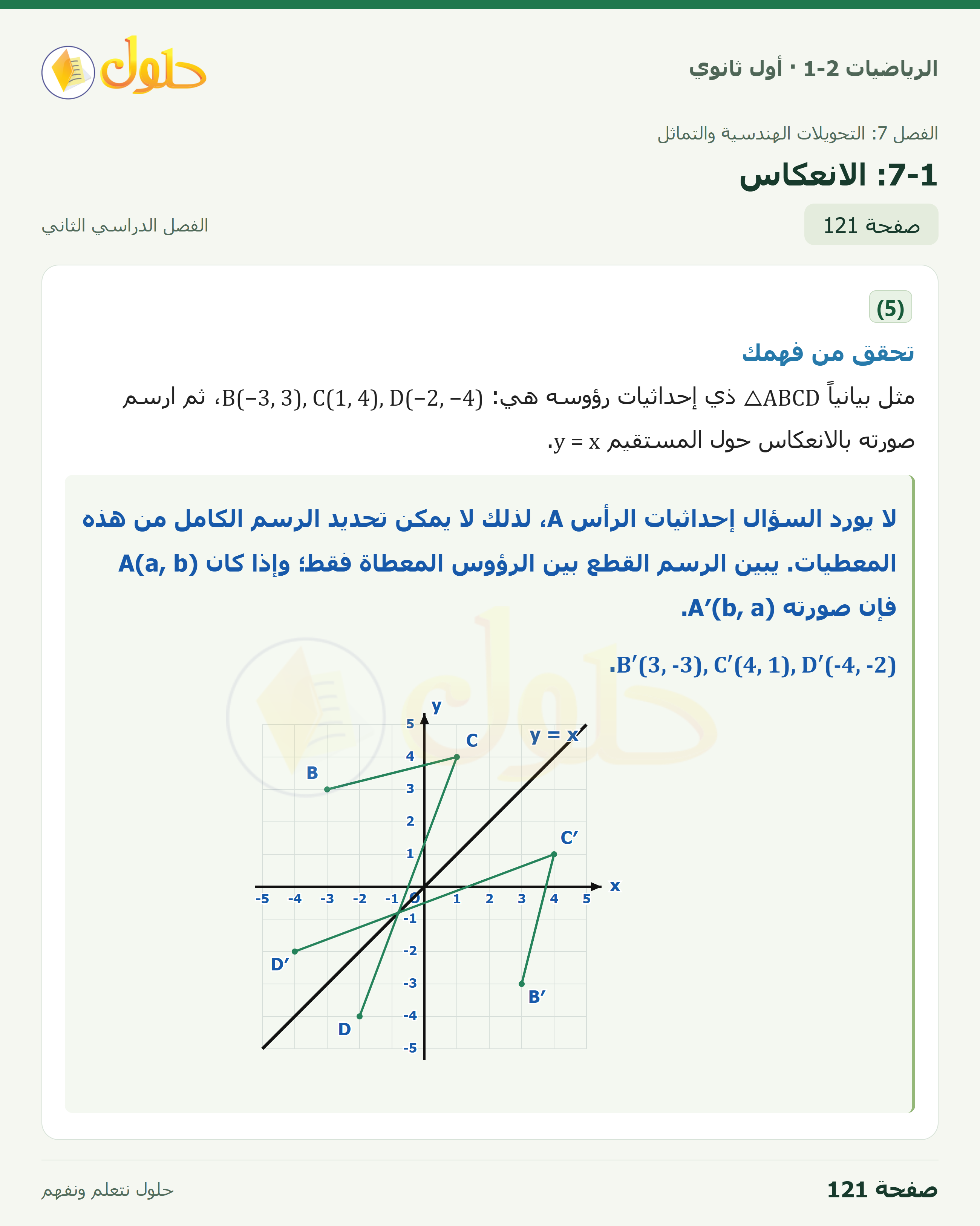 الرياضيات 1-2 · ٧-١ الانعكاس · صفحة ١٢١