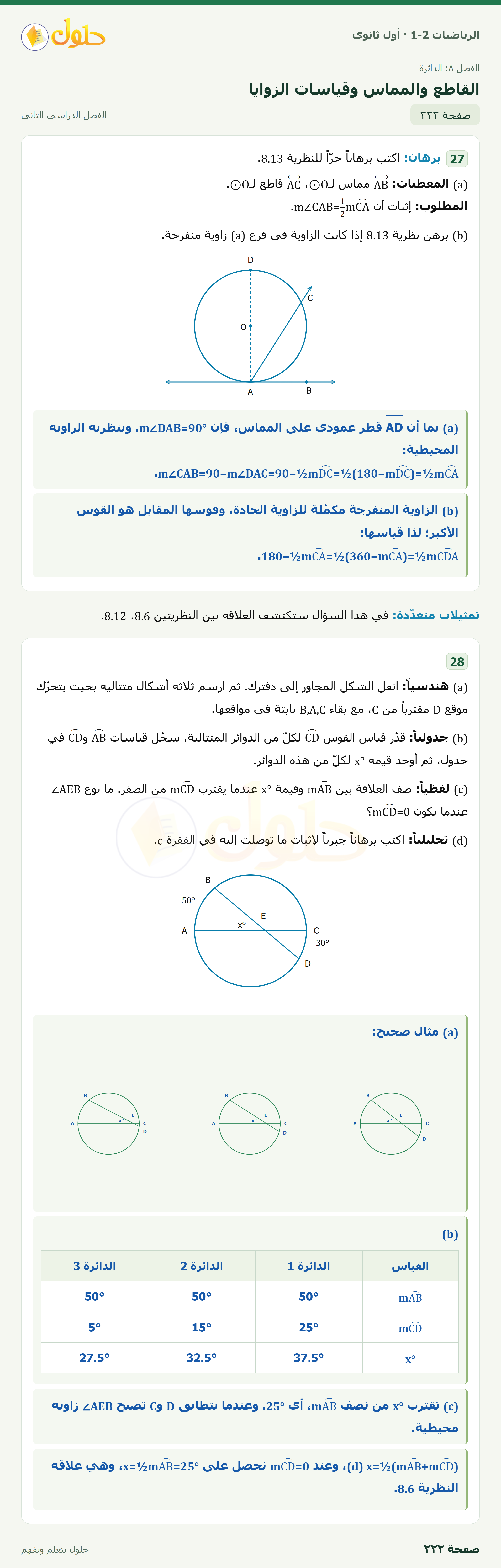 الرياضيات 1-2 · ٨-٦ القاطع والمماس وقياسات الزوايا · صفحة ٢٢٢ · الجزء ٢