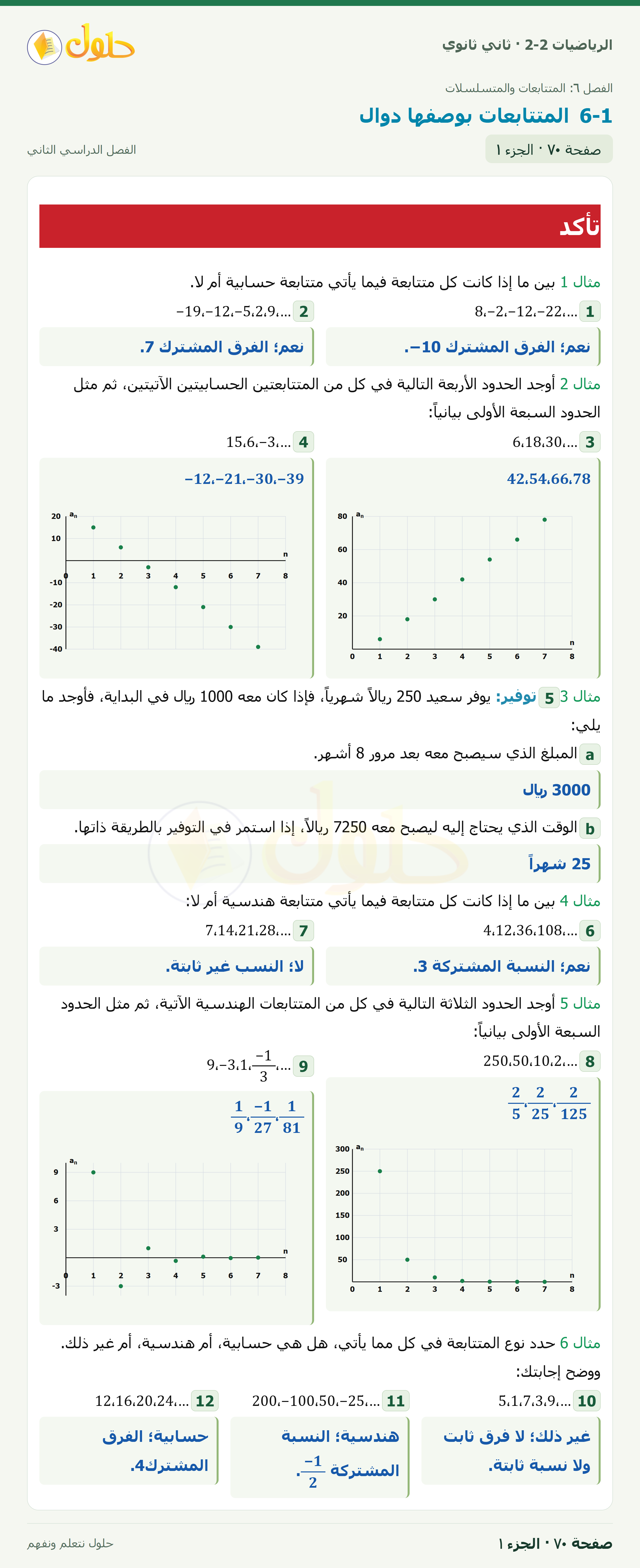 الرياضيات 2-2 · المتتابعات بوصفها دوال · صفحة ٧٠ · الجزء ١
