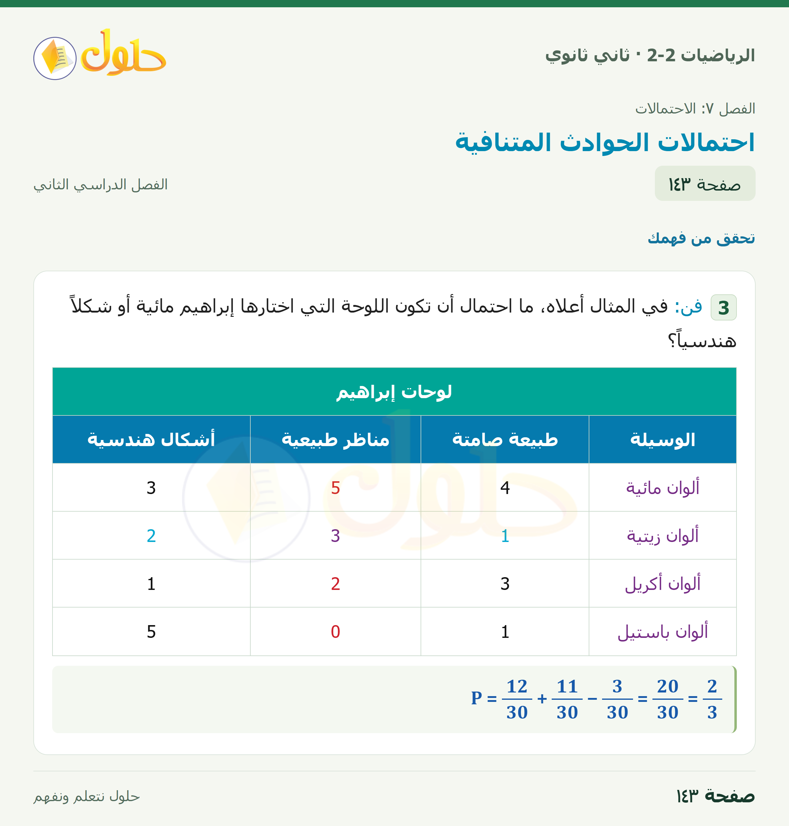 الرياضيات 2-2 · ٧-٥ احتمالات الحوادث المتنافية · صفحة ١٤٣